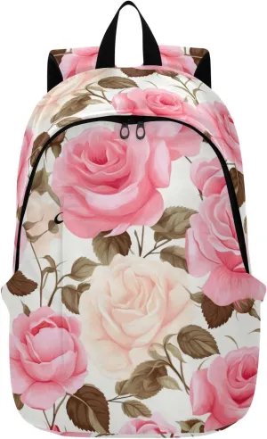 MCHIVER Travel Backpack Roses Flowers Floral Pink Casual Daypack Backpacks Lightweight Carry on Bag Water Resistant Hiking Backpack for Women and Men