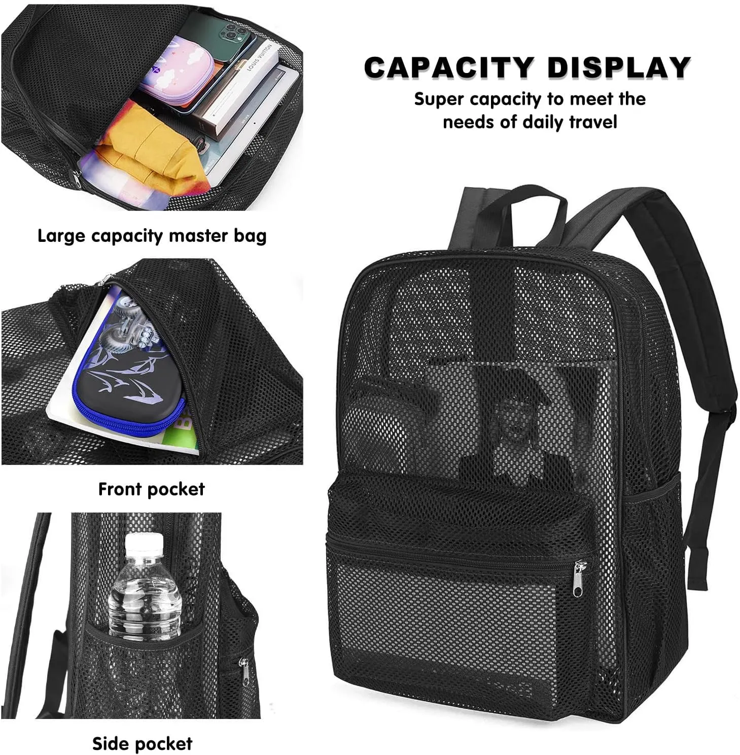 MCWTH Heavy Duty Mesh Backpack, See Through College Student Mesh Bookbag (Black)