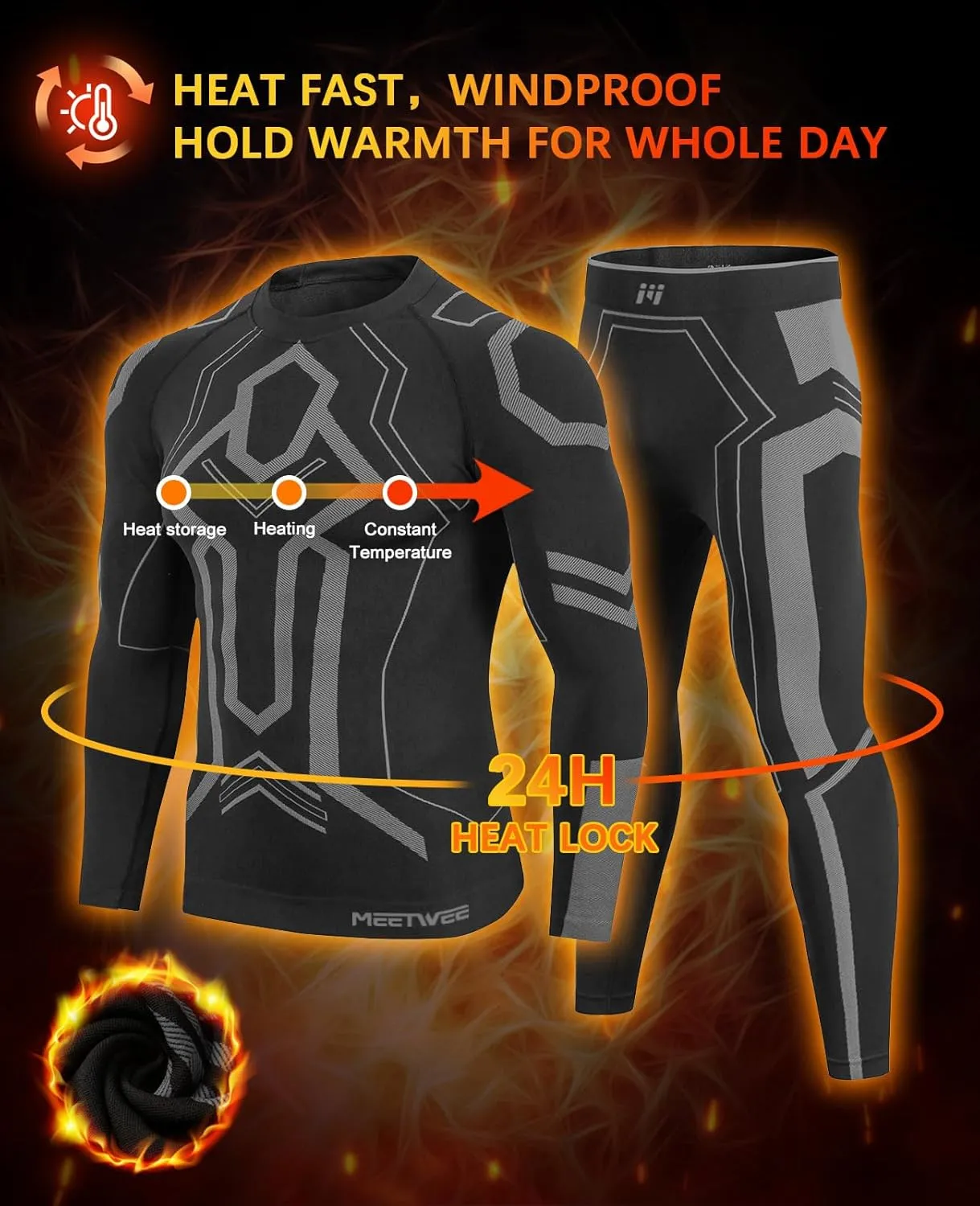 MEETWEE Men's Thermal Underwear Set, Winter Ski Gear Fleece Lined Long Johns Base Layer Warm Top & Bottom for Skiing Black