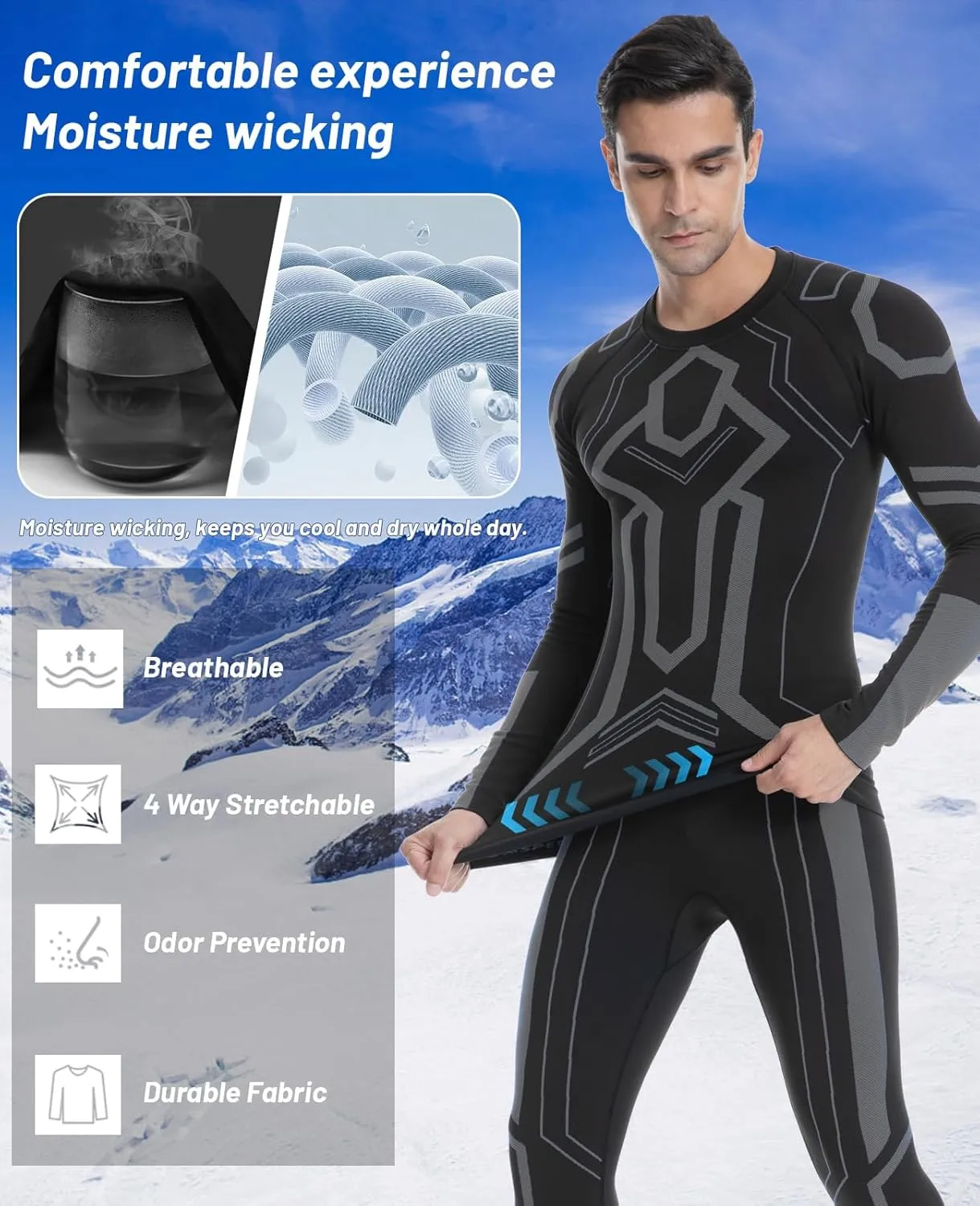MEETWEE Men's Thermal Underwear Set, Winter Ski Gear Fleece Lined Long Johns Base Layer Warm Top & Bottom for Skiing Black