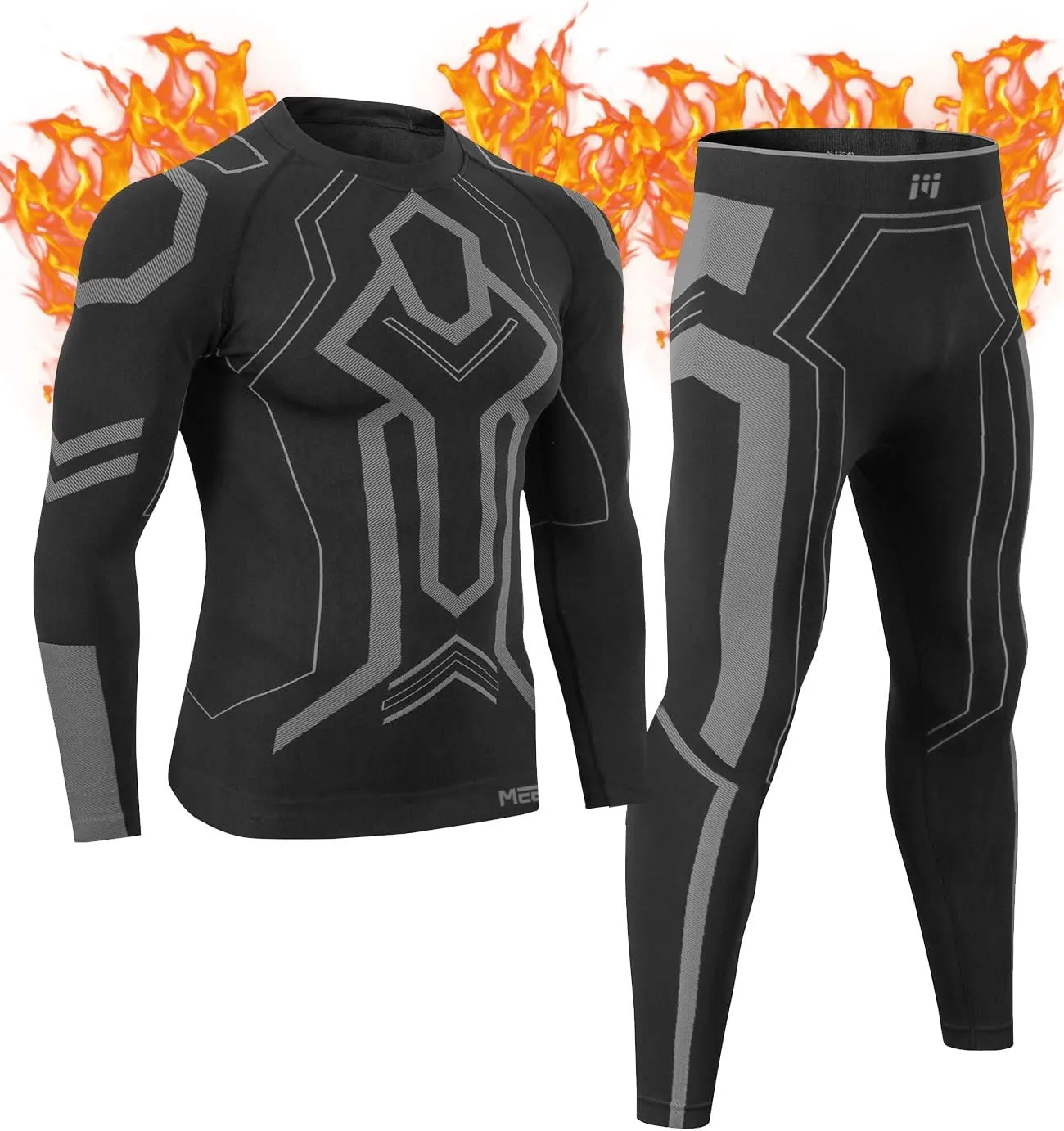MEETWEE Men's Thermal Underwear Set, Winter Ski Gear Fleece Lined Long Johns Base Layer Warm Top & Bottom for Skiing Black