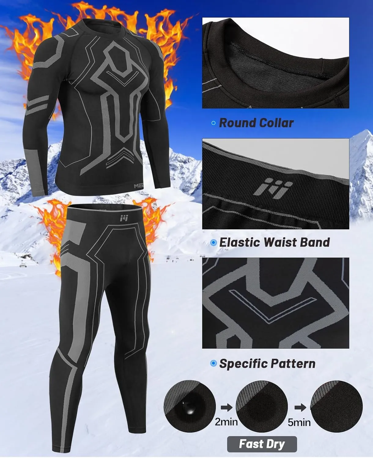 MEETWEE Men's Thermal Underwear Set, Winter Ski Gear Fleece Lined Long Johns Base Layer Warm Top & Bottom for Skiing Black