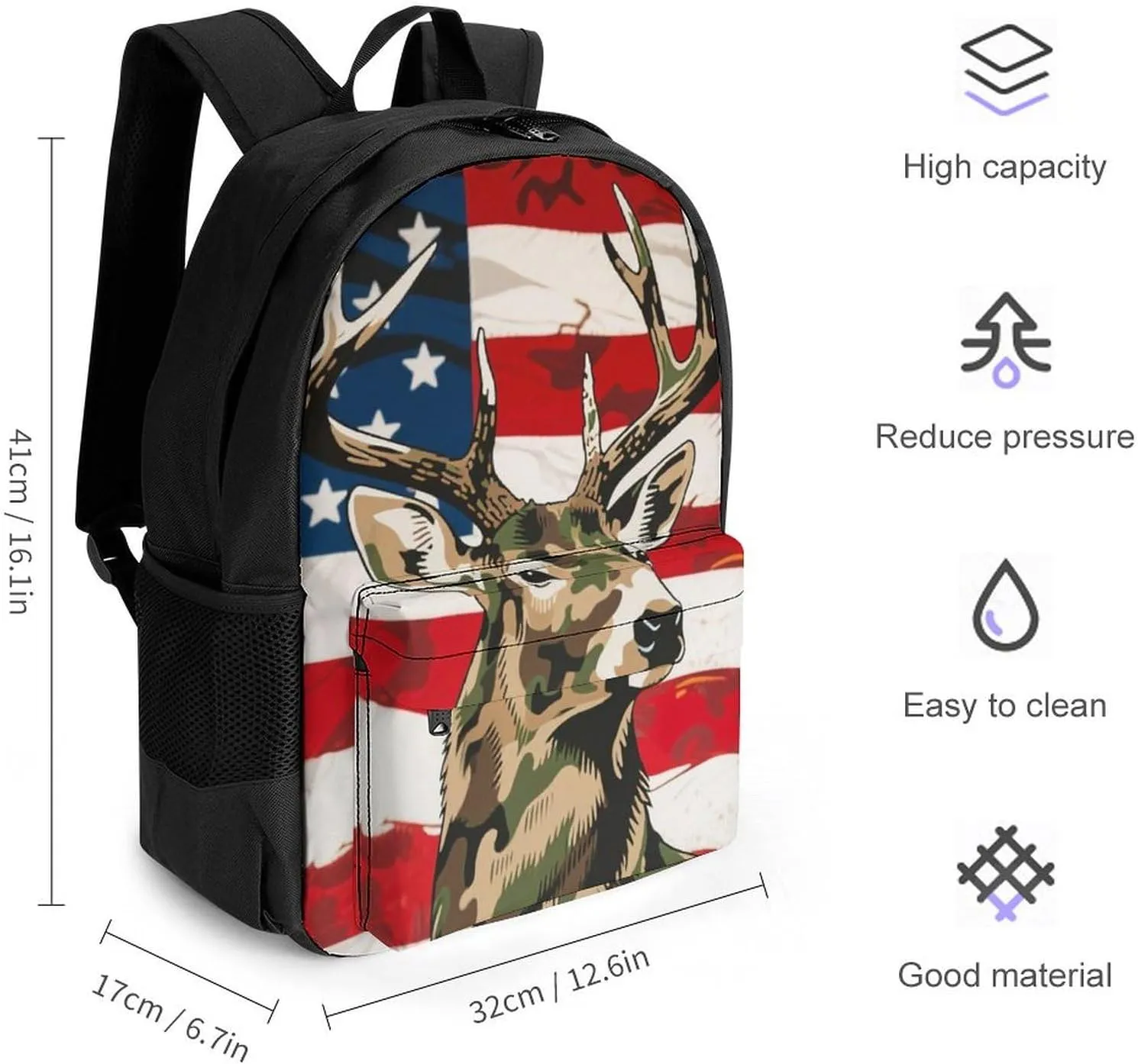 Men & Women Lightweight American Flag Camo Deer Camouflage Art Casual Daypack Large Capacity Bookbag With Adjustable Shoulder Straps for Gym Business Bicycle