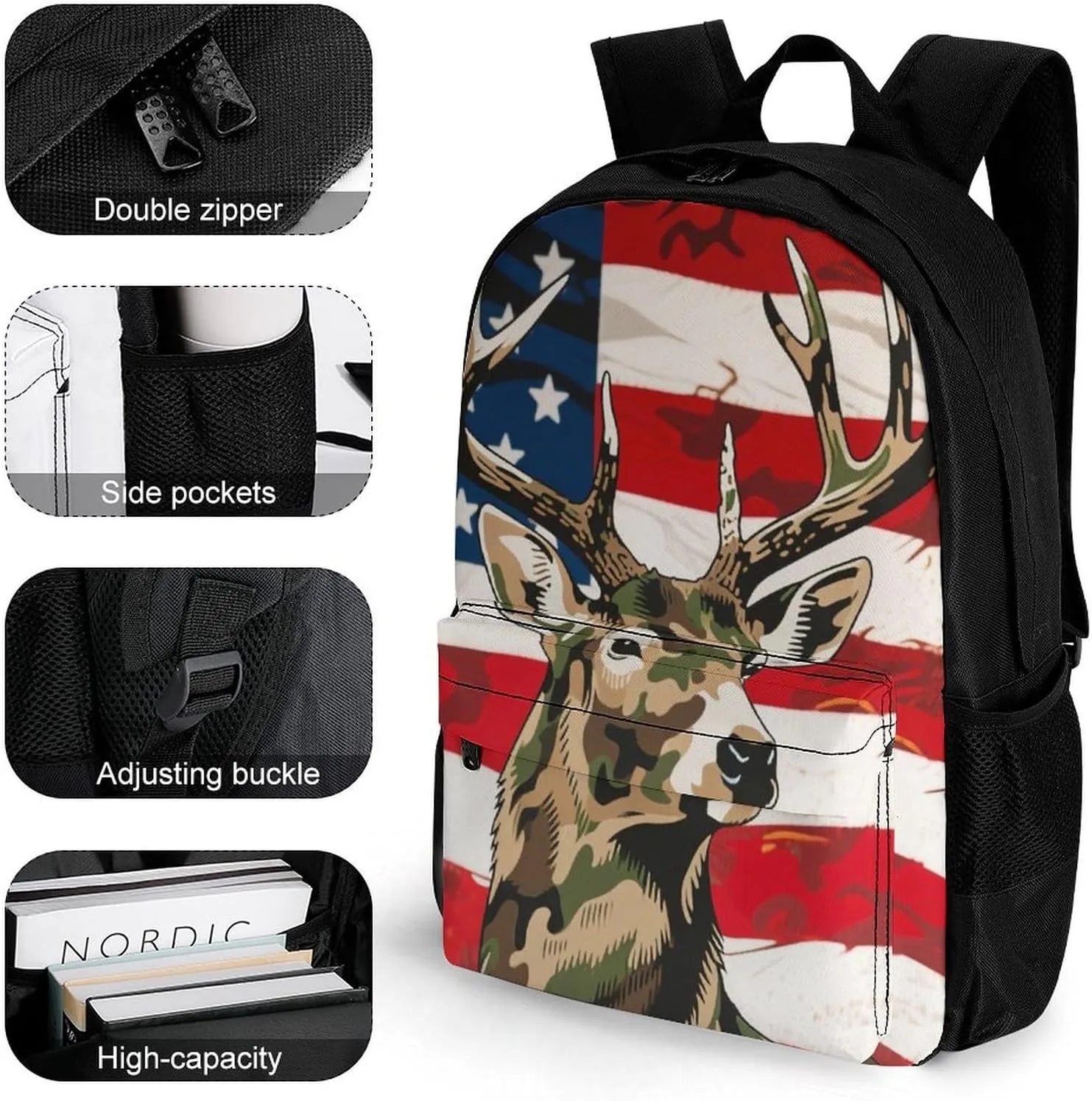 Men & Women Lightweight American Flag Camo Deer Camouflage Art Casual Daypack Large Capacity Bookbag With Adjustable Shoulder Straps for Gym Business Bicycle