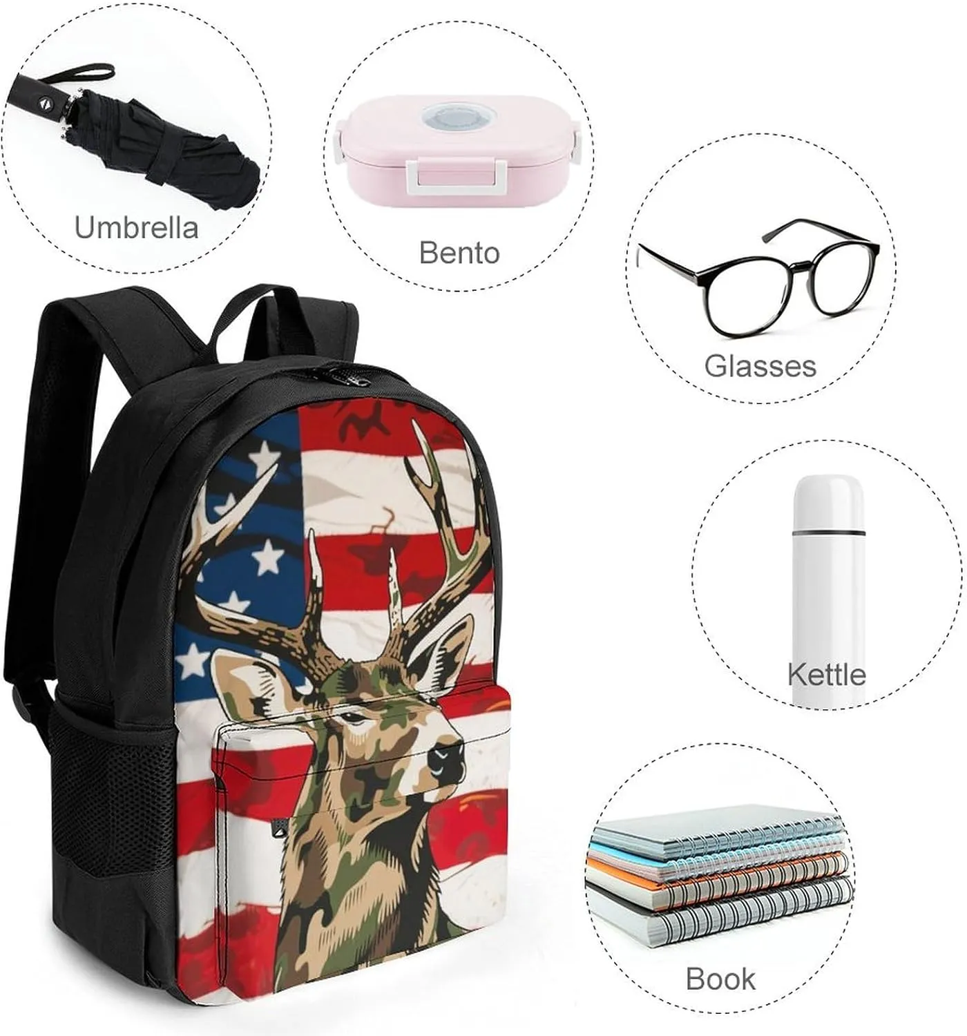 Men & Women Lightweight American Flag Camo Deer Camouflage Art Casual Daypack Large Capacity Bookbag With Adjustable Shoulder Straps for Gym Business Bicycle