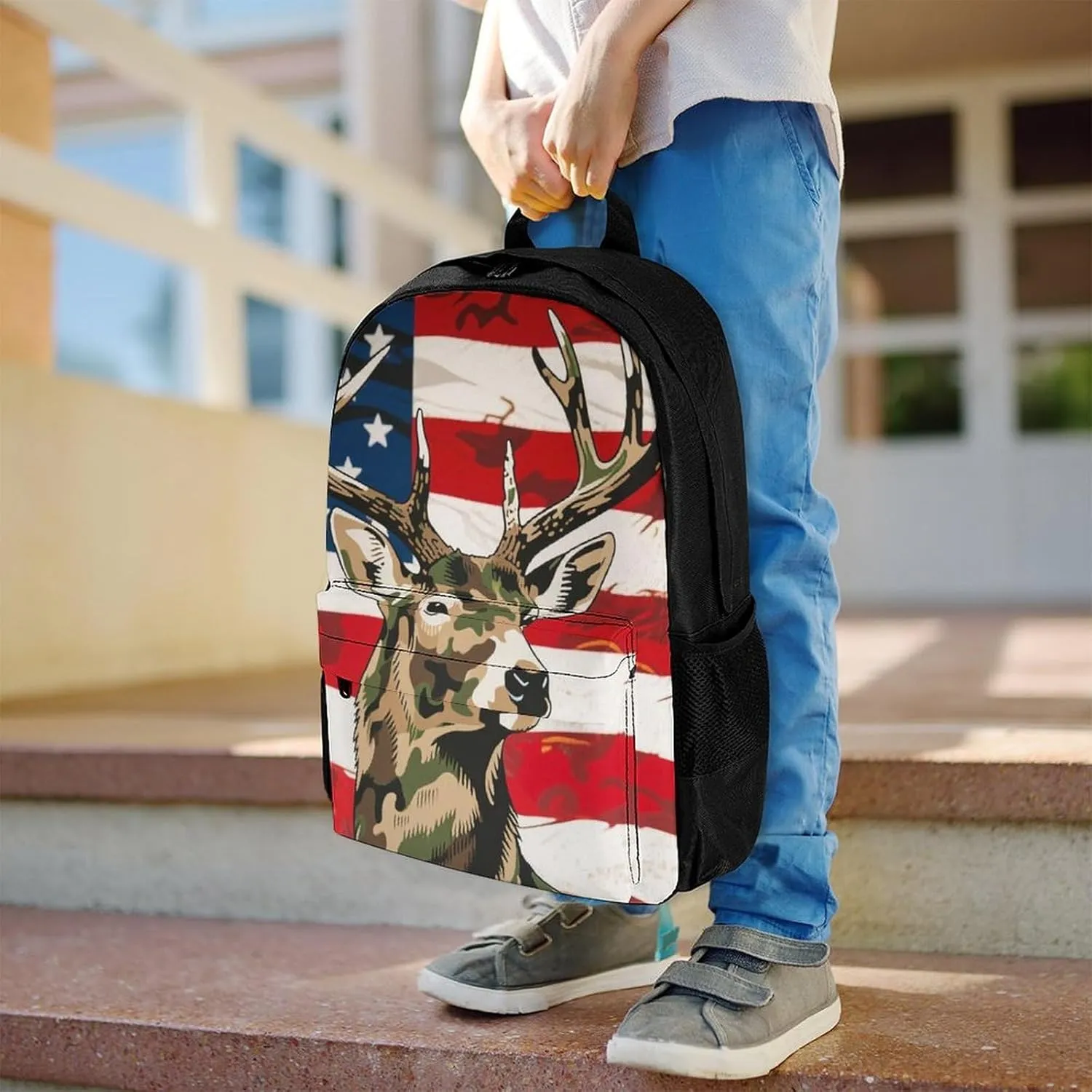 Men & Women Lightweight American Flag Camo Deer Camouflage Art Casual Daypack Large Capacity Bookbag With Adjustable Shoulder Straps for Gym Business Bicycle