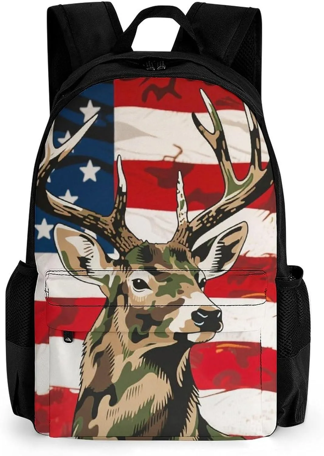 Men & Women Lightweight American Flag Camo Deer Camouflage Art Casual Daypack Large Capacity Bookbag With Adjustable Shoulder Straps for Gym Business Bicycle