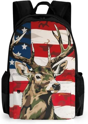Men & Women Lightweight American Flag Camo Deer Camouflage Art Casual Daypack Large Capacity Bookbag With Adjustable Shoulder Straps for Gym Business Bicycle