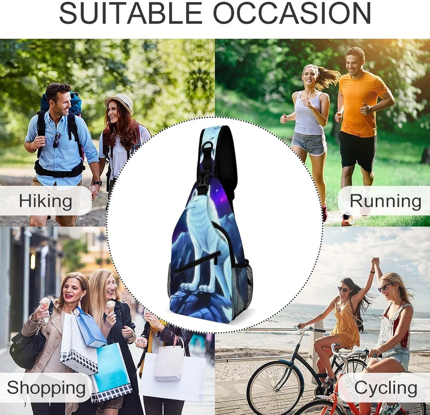 Men & Women Outdoor Sport Daypack Travel Bag, Starry Galaxy Cool Wolf Art Sling Backpack Rucksack for Travel Hiking - Small Tool Backpack Bag Rucksack