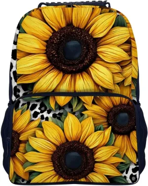 Men Women Lightweight 80S Vintage Cow Print Sunflowers Backpack Large Capacity Bookbag With Smooth Zippers for Gym Business Running