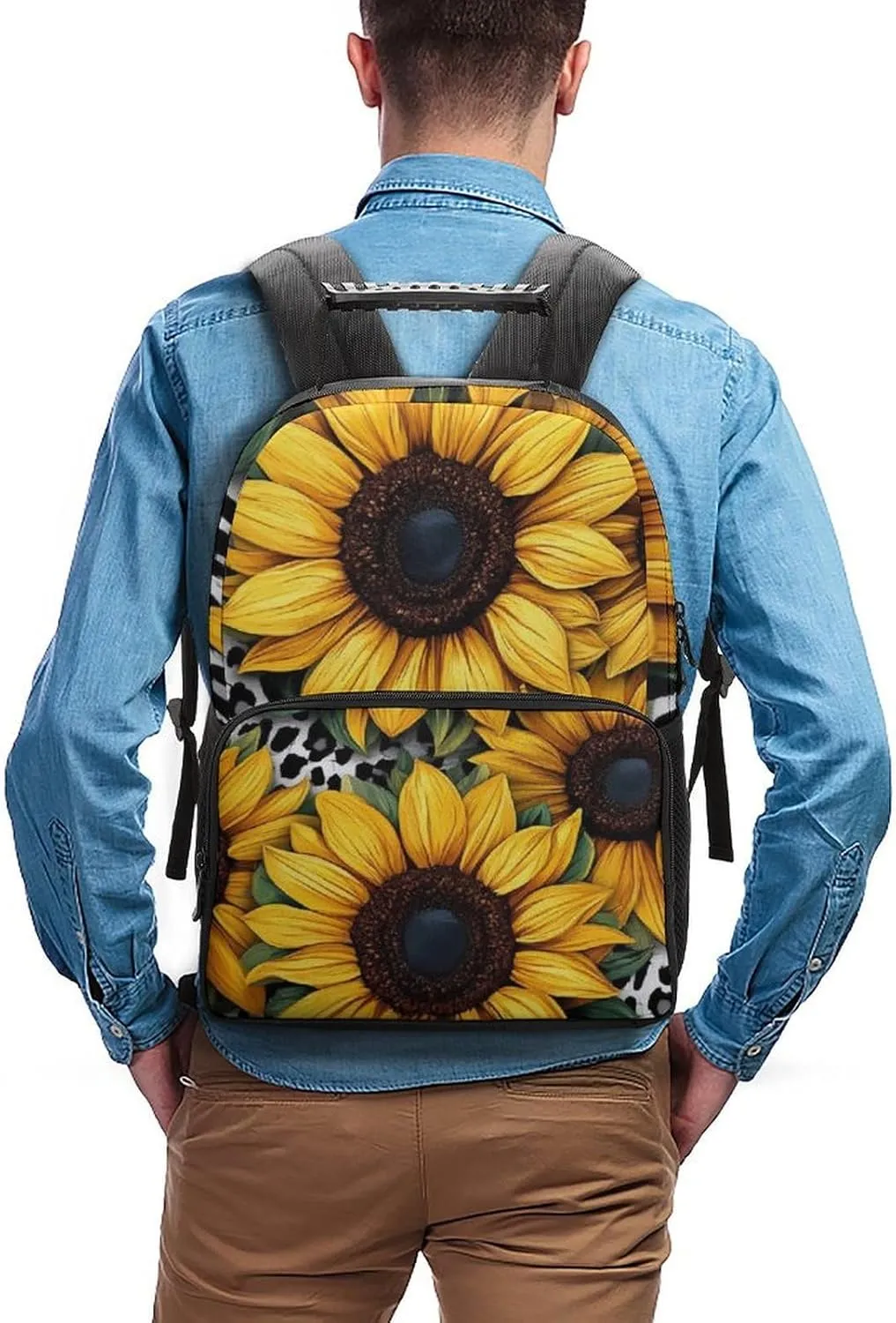 Men Women Lightweight 80S Vintage Cow Print Sunflowers Backpack Large Capacity Bookbag With Smooth Zippers for Gym Business Running
