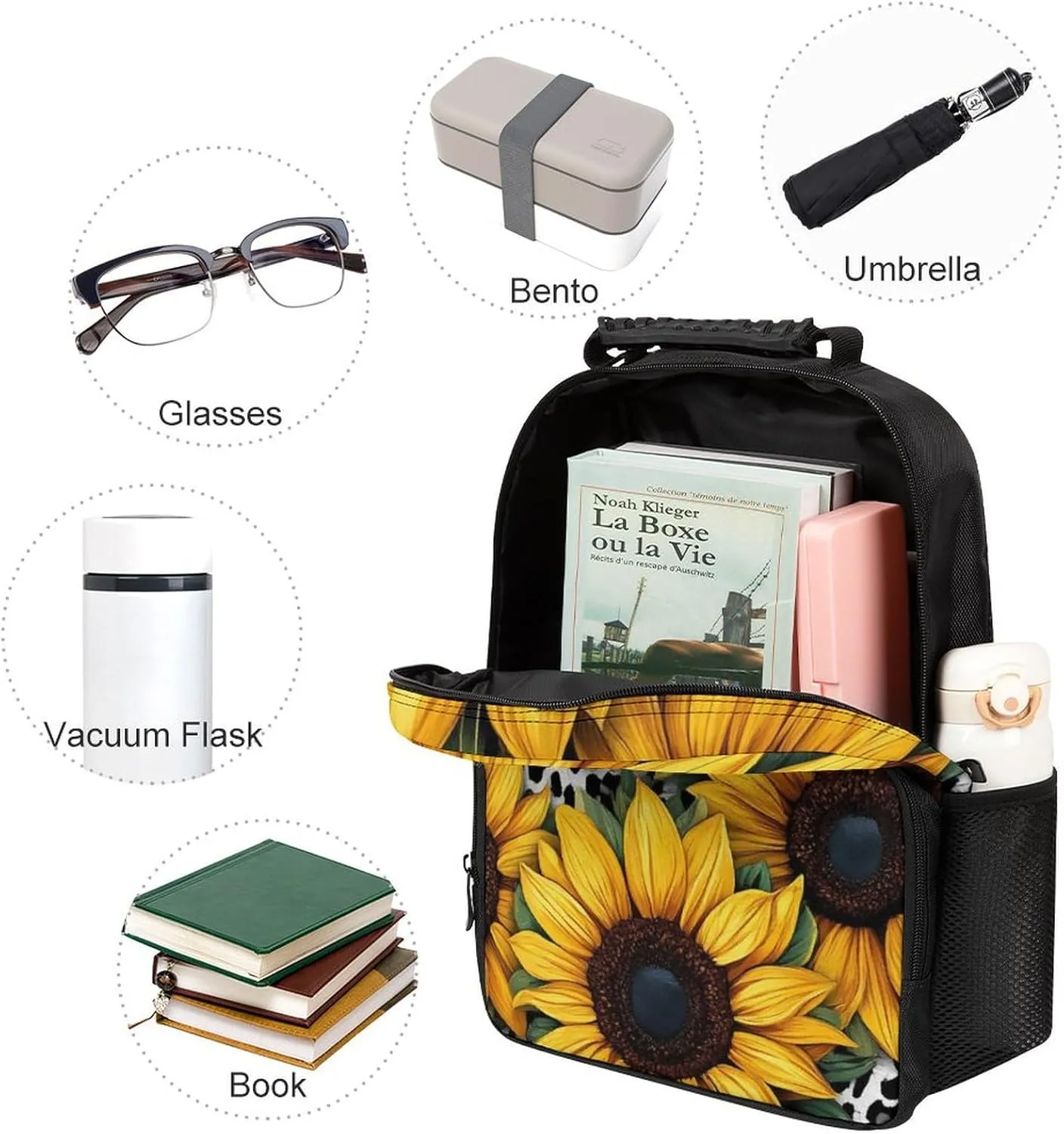 Men Women Lightweight 80S Vintage Cow Print Sunflowers Backpack Large Capacity Bookbag With Smooth Zippers for Gym Business Running
