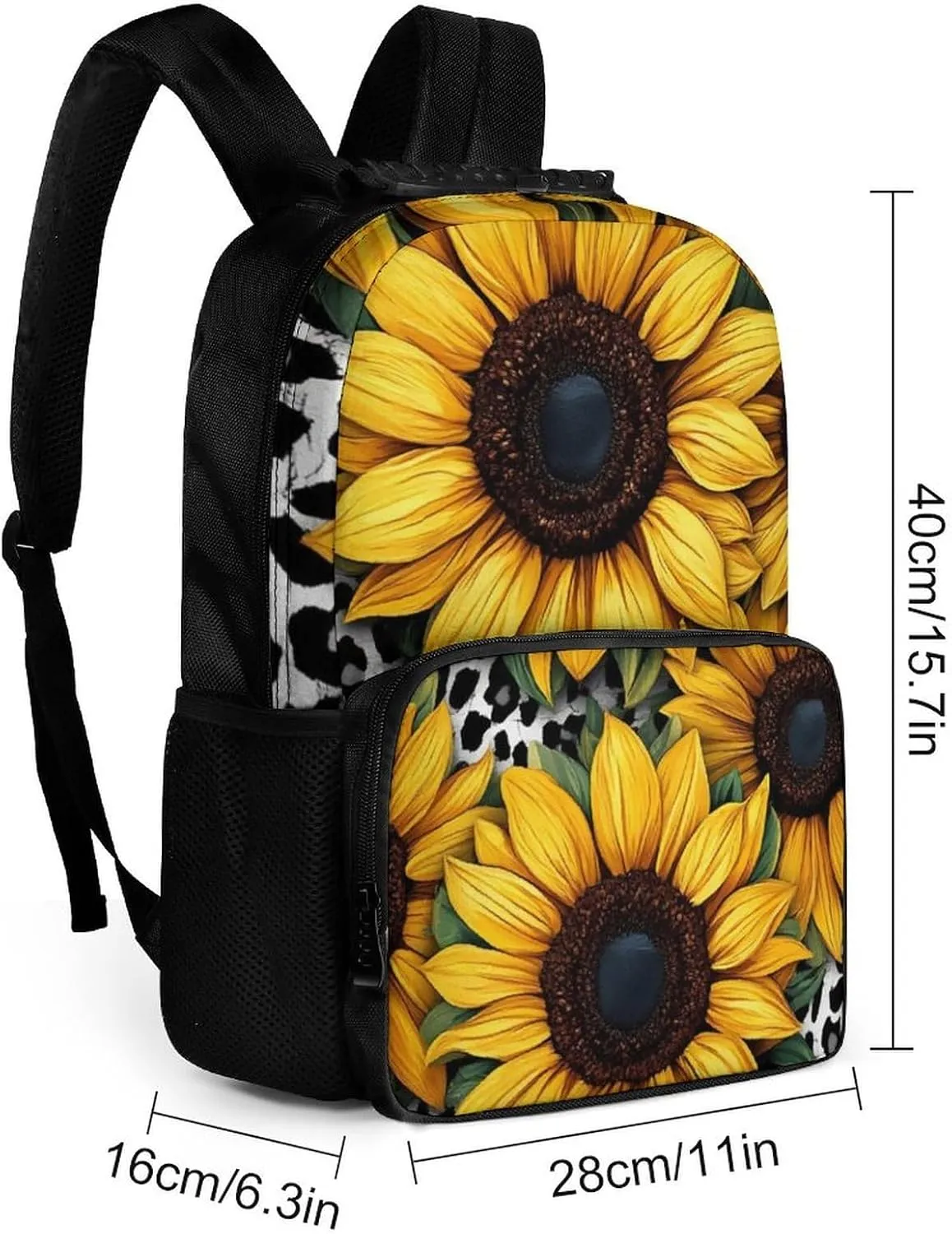 Men Women Lightweight 80S Vintage Cow Print Sunflowers Backpack Large Capacity Bookbag With Smooth Zippers for Gym Business Running