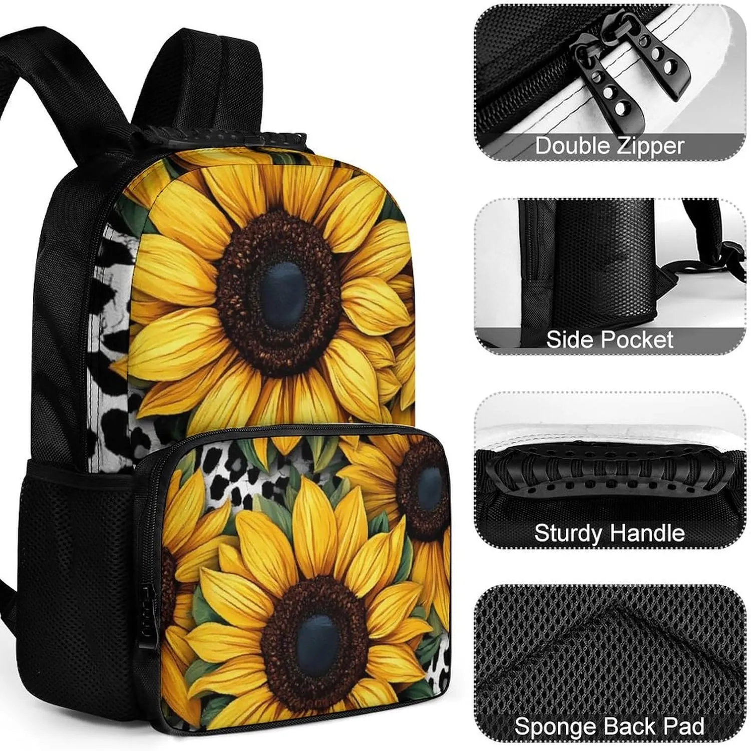 Men Women Lightweight 80S Vintage Cow Print Sunflowers Backpack Large Capacity Bookbag With Smooth Zippers for Gym Business Running