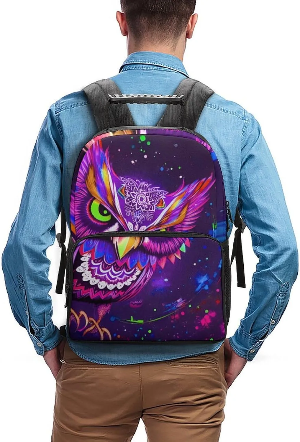 Men Women Lightweight Cute Abstract Owl Psychedelic Art Casual Daypack Big Capacity Bookbag With Padded Straps for Gym Travel Walking Cycling