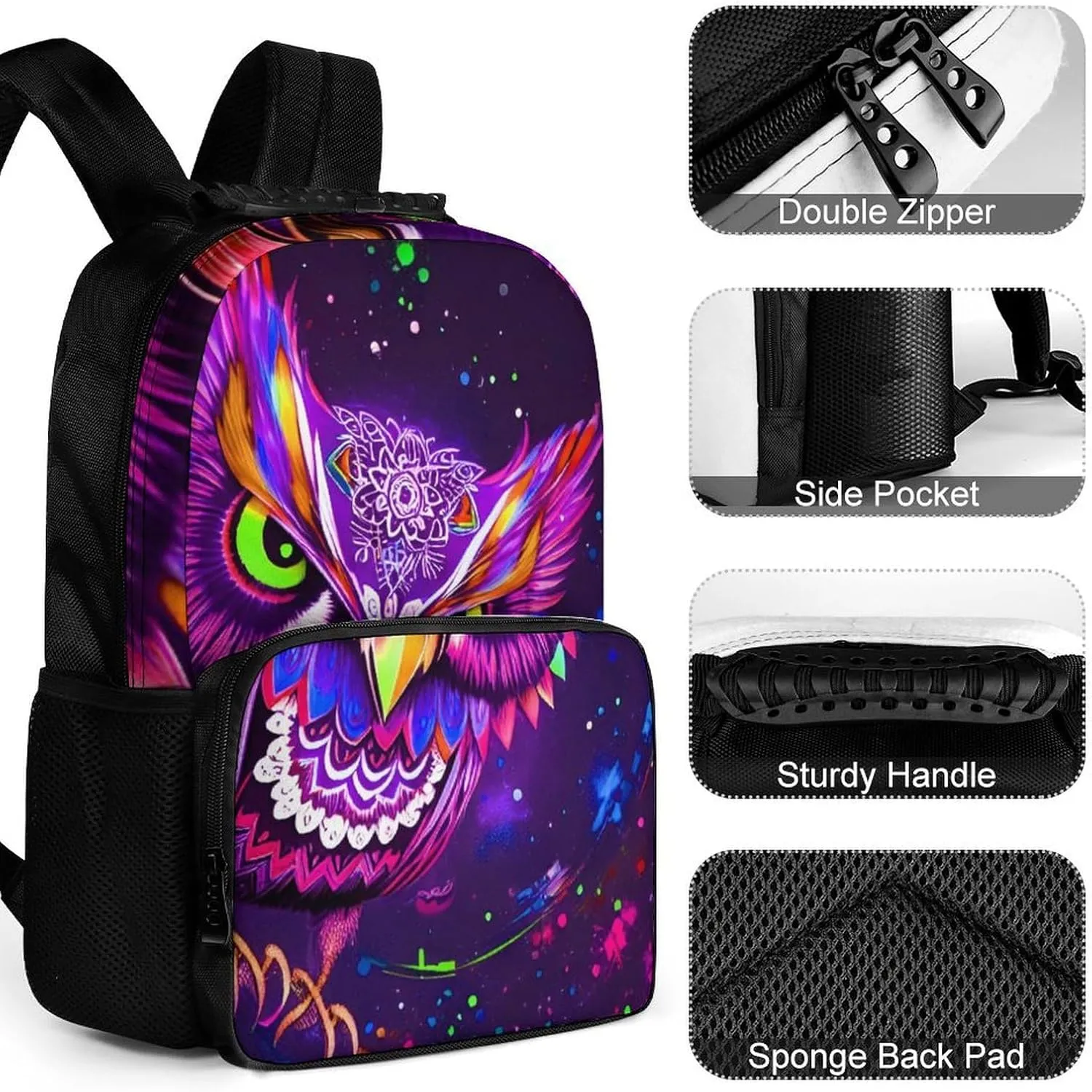 Men Women Lightweight Cute Abstract Owl Psychedelic Art Casual Daypack Big Capacity Bookbag With Padded Straps for Gym Travel Walking Cycling