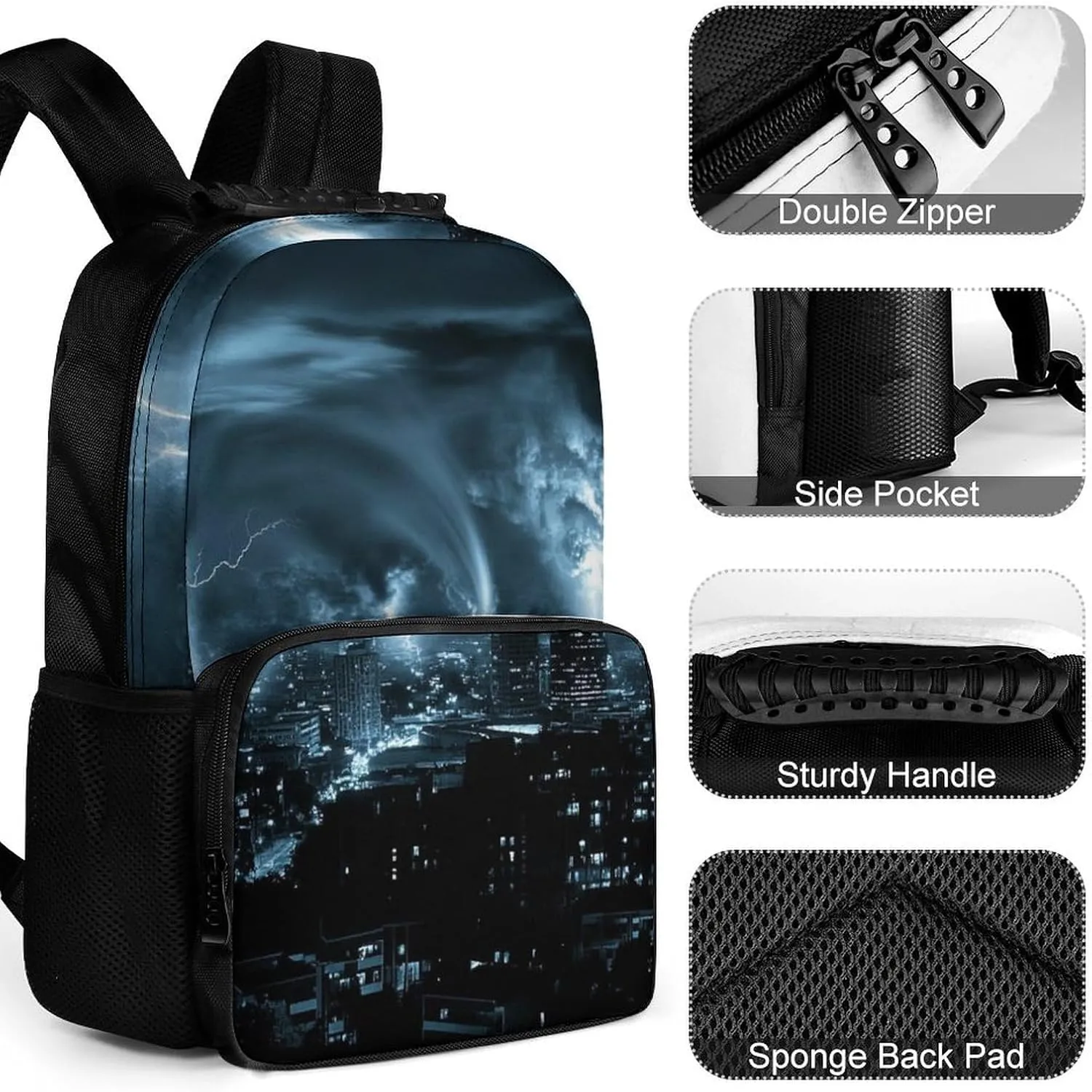 Men Women Polyester Chicago City Tornado Storm Weather Art Casual Daypack Large Capacity Carry On Bag With Adjustable Shoulder Straps for Camping Work Running