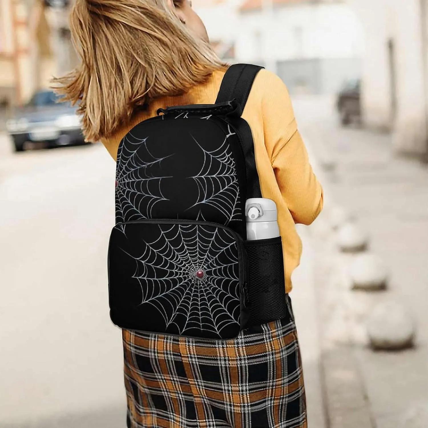 Men Women Polyester Halloween Spiders Web Black Daypack Big Capacity Shoulder Bag With Adjustable Shoulder Straps for Camping Travel Walking Cycling
