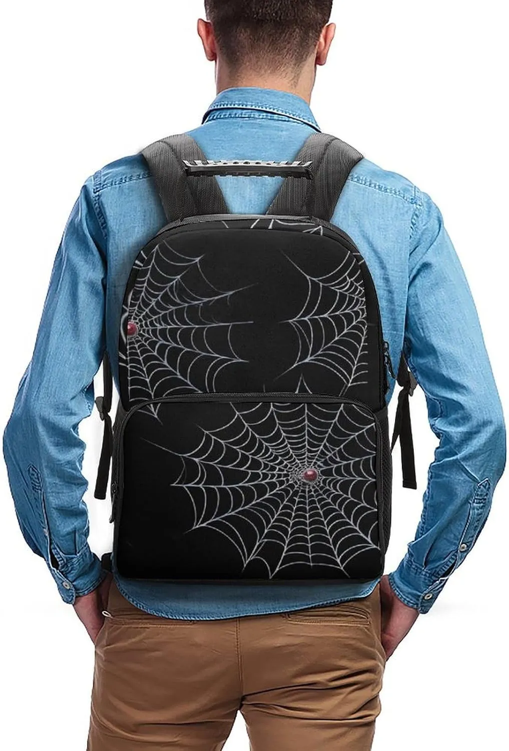 Men Women Polyester Halloween Spiders Web Black Daypack Big Capacity Shoulder Bag With Adjustable Shoulder Straps for Camping Travel Walking Cycling