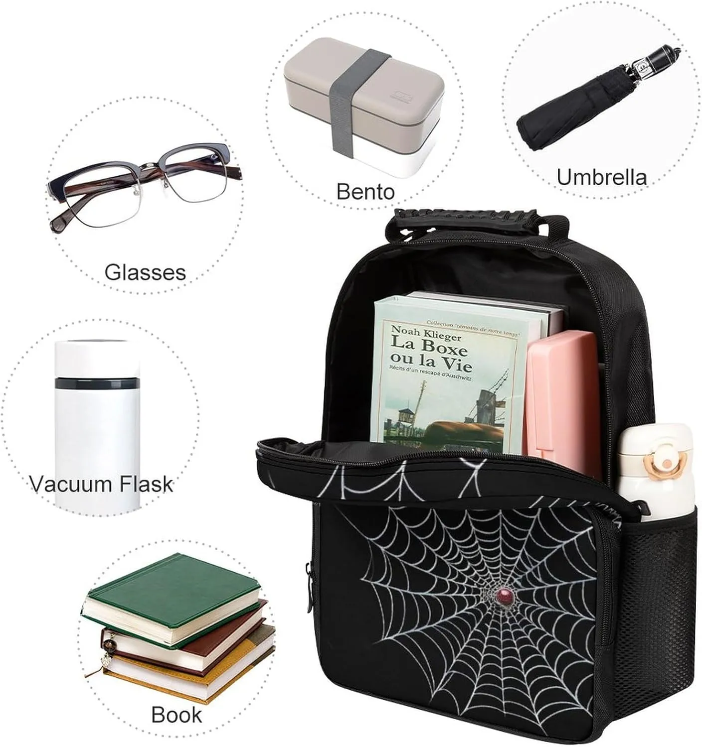 Men Women Polyester Halloween Spiders Web Black Daypack Big Capacity Shoulder Bag With Adjustable Shoulder Straps for Camping Travel Walking Cycling