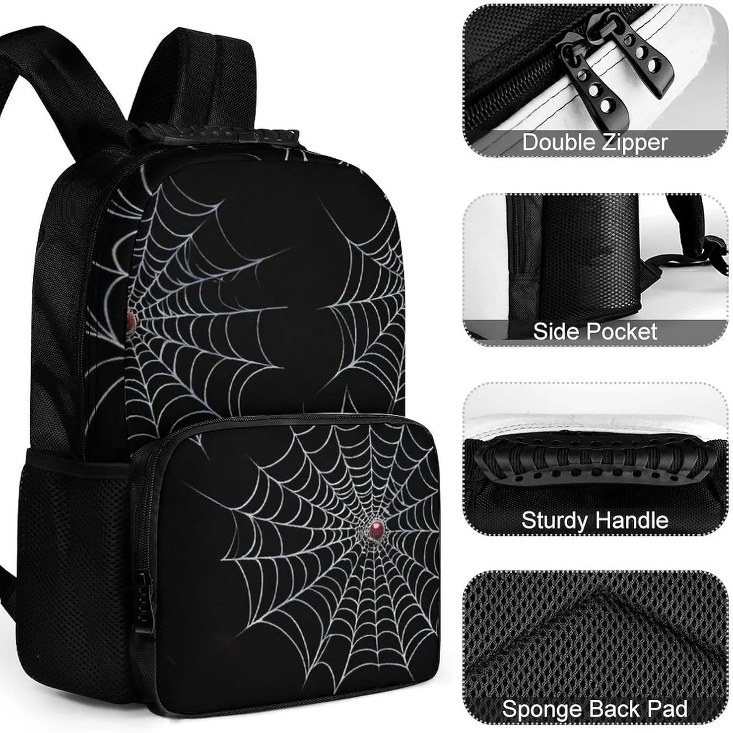Men Women Polyester Halloween Spiders Web Black Daypack Big Capacity Shoulder Bag With Adjustable Shoulder Straps for Camping Travel Walking Cycling