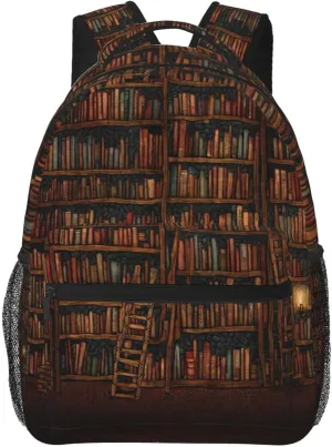 Men Women Polyester Library Bookshelf Vintage Art Daypack Big Capacity Shoulder Bag With Smooth Zippers for Hiking Work Walking Cycling