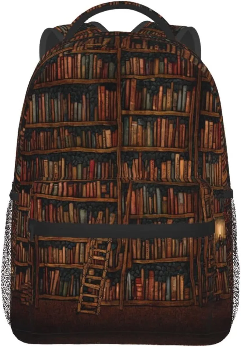 Men Women Polyester Library Bookshelf Vintage Art Daypack Big Capacity Shoulder Bag With Smooth Zippers for Hiking Work Walking Cycling