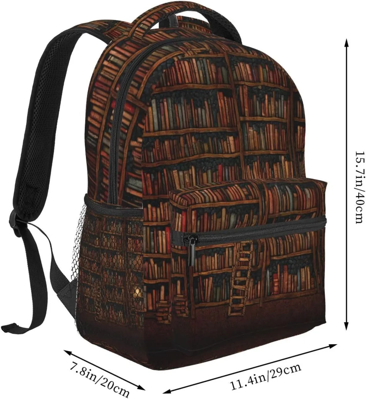 Men Women Polyester Library Bookshelf Vintage Art Daypack Big Capacity Shoulder Bag With Smooth Zippers for Hiking Work Walking Cycling