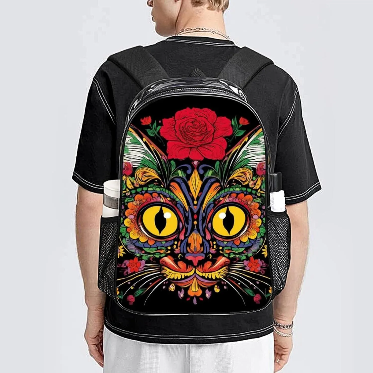 Men Women Transparent Day Of The Dead Kitty Cat Sugar Skull Casual Daypack Large Capacity Carry On Bag With Adjustable Shoulder Straps for Camping Work Running