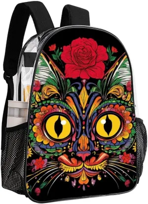 Men Women Transparent Day Of The Dead Kitty Cat Sugar Skull Casual Daypack Large Capacity Carry On Bag With Adjustable Shoulder Straps for Camping Work Running