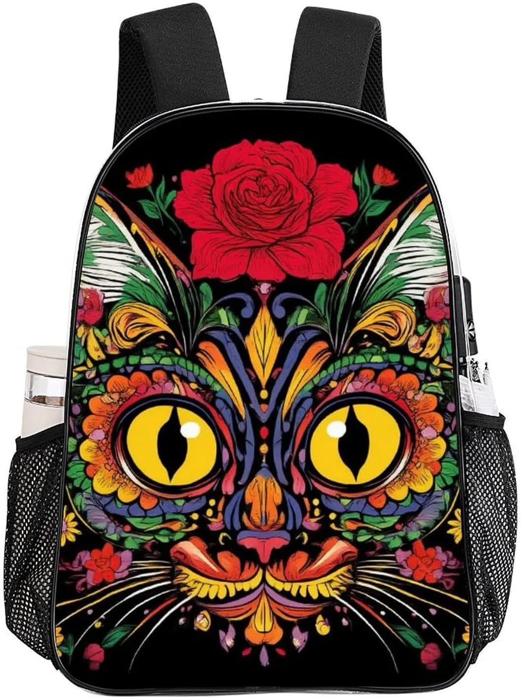 Men Women Transparent Day Of The Dead Kitty Cat Sugar Skull Casual Daypack Large Capacity Carry On Bag With Adjustable Shoulder Straps for Camping Work Running