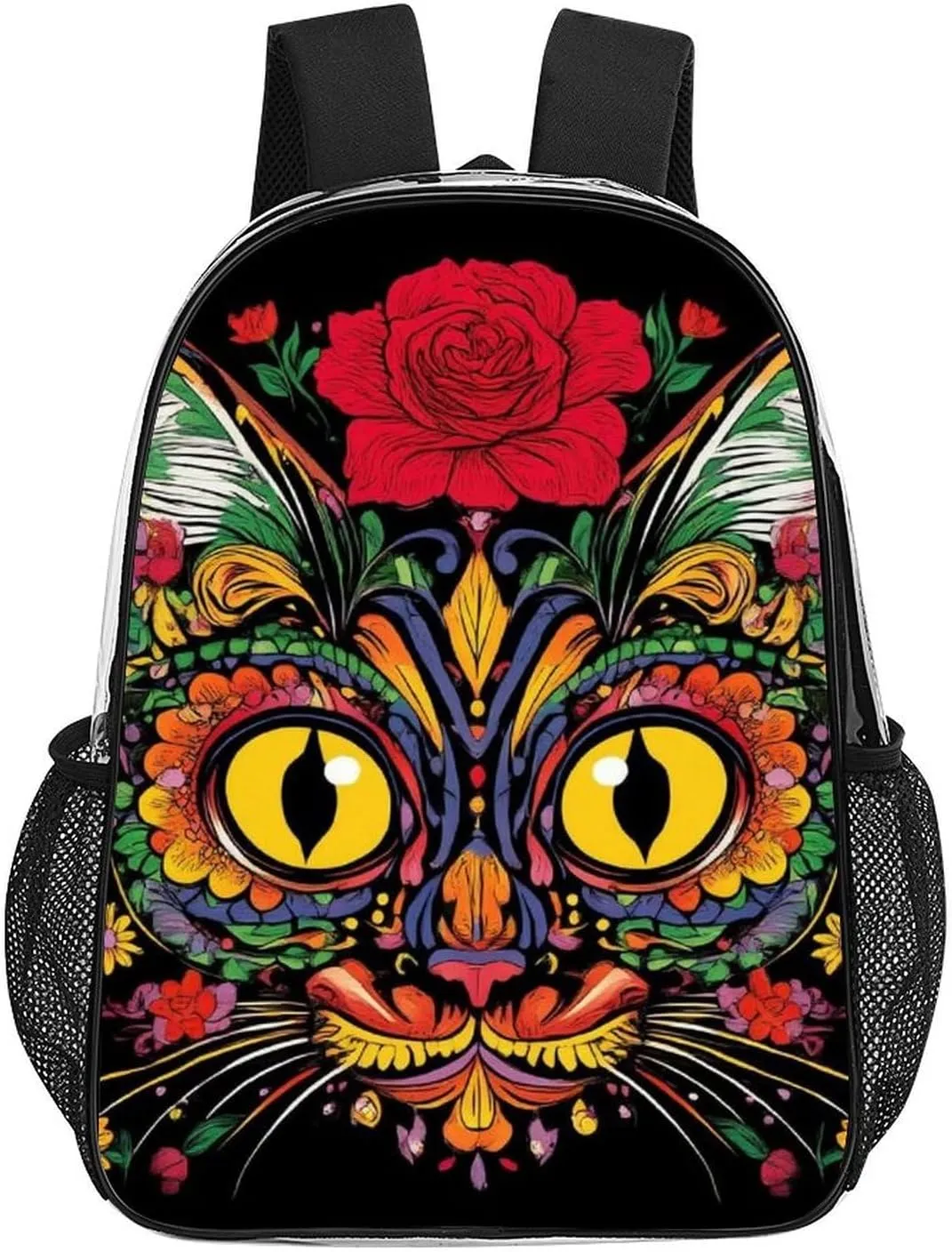 Men Women Transparent Day Of The Dead Kitty Cat Sugar Skull Casual Daypack Large Capacity Carry On Bag With Adjustable Shoulder Straps for Camping Work Running