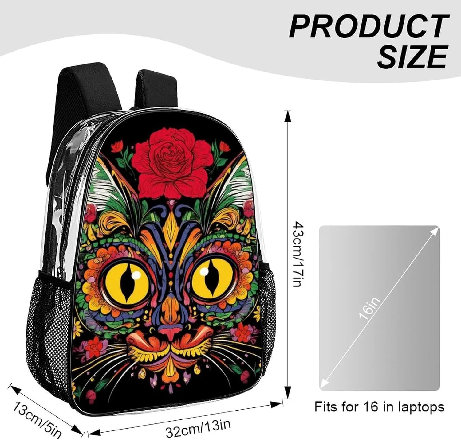 Men Women Transparent Day Of The Dead Kitty Cat Sugar Skull Casual Daypack Large Capacity Carry On Bag With Adjustable Shoulder Straps for Camping Work Running