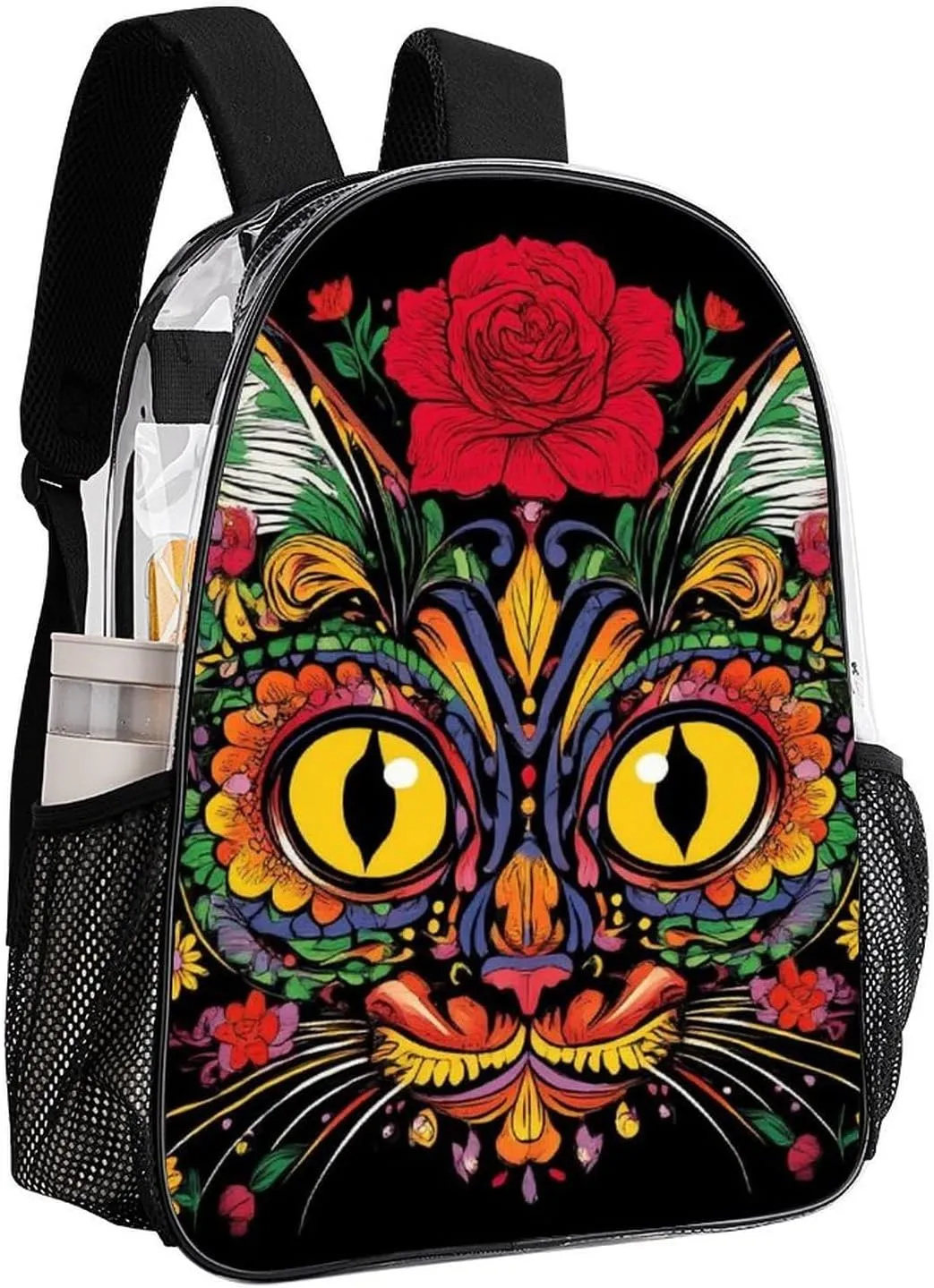 Men Women Transparent Day Of The Dead Kitty Cat Sugar Skull Casual Daypack Large Capacity Carry On Bag With Adjustable Shoulder Straps for Camping Work Running