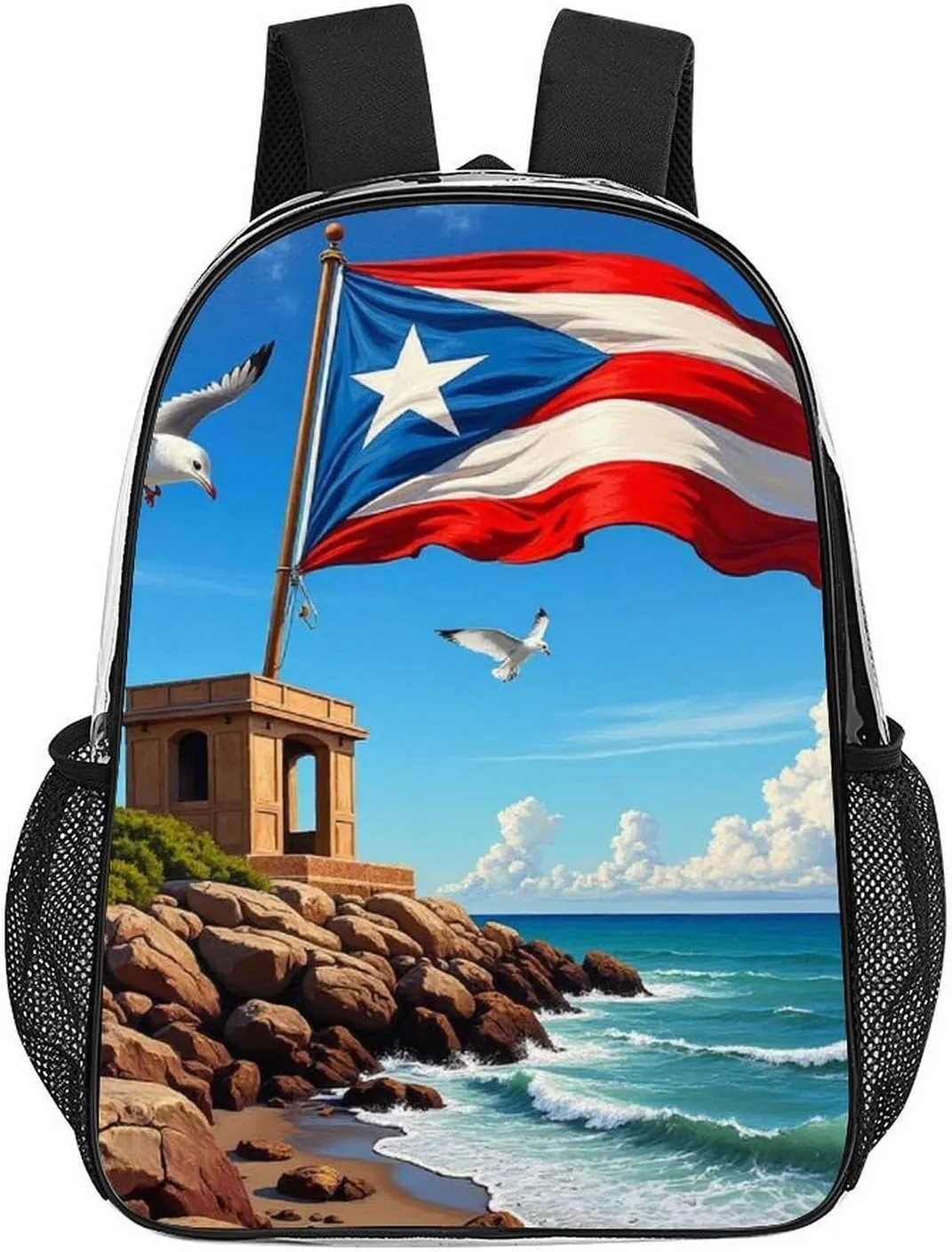 Men Women Transparent Puerto Rico Flag Daypack Big Capacity Shoulder Bag With Adjustable Shoulder Straps for Camping Travel Walking Cycling