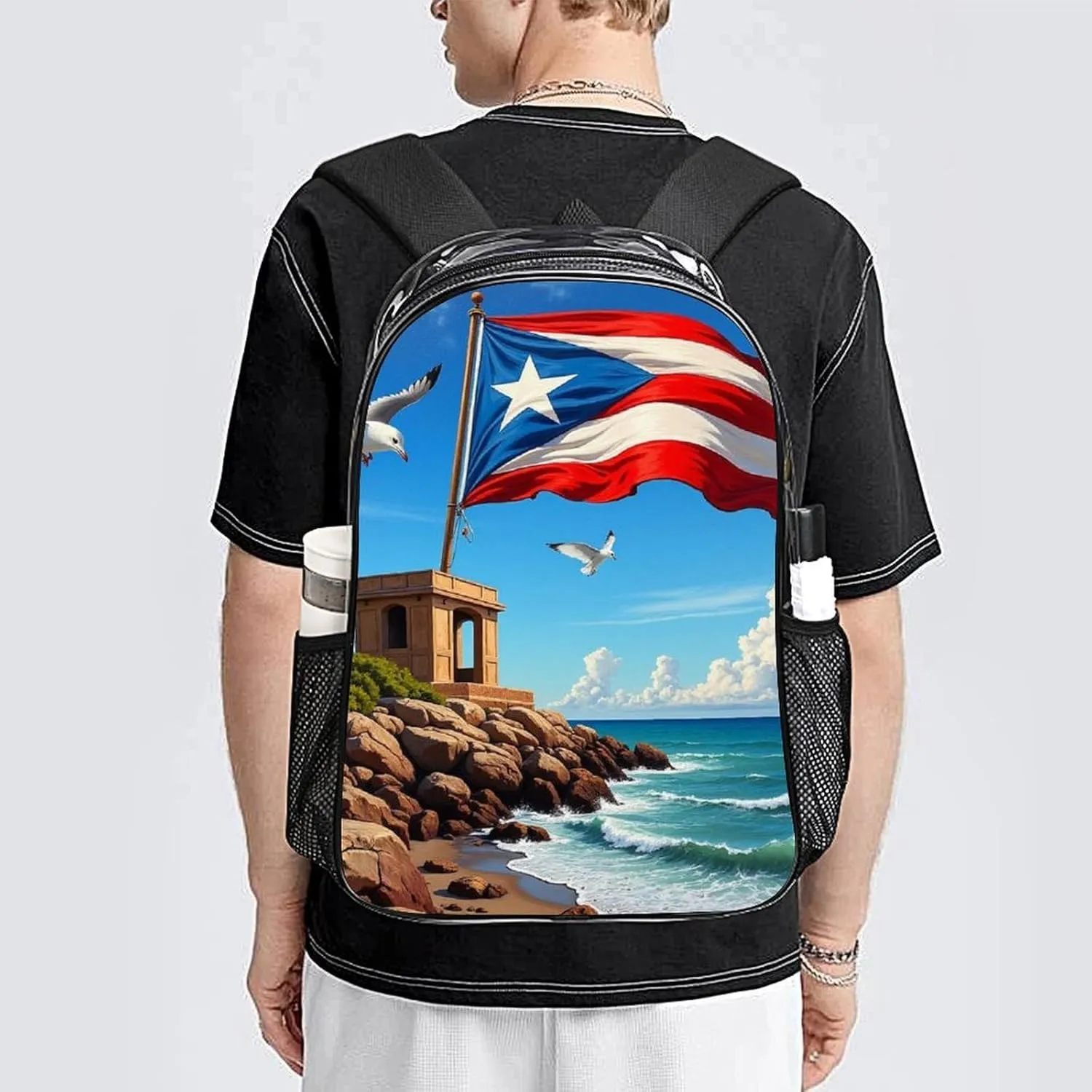 Men Women Transparent Puerto Rico Flag Daypack Big Capacity Shoulder Bag With Adjustable Shoulder Straps for Camping Travel Walking Cycling