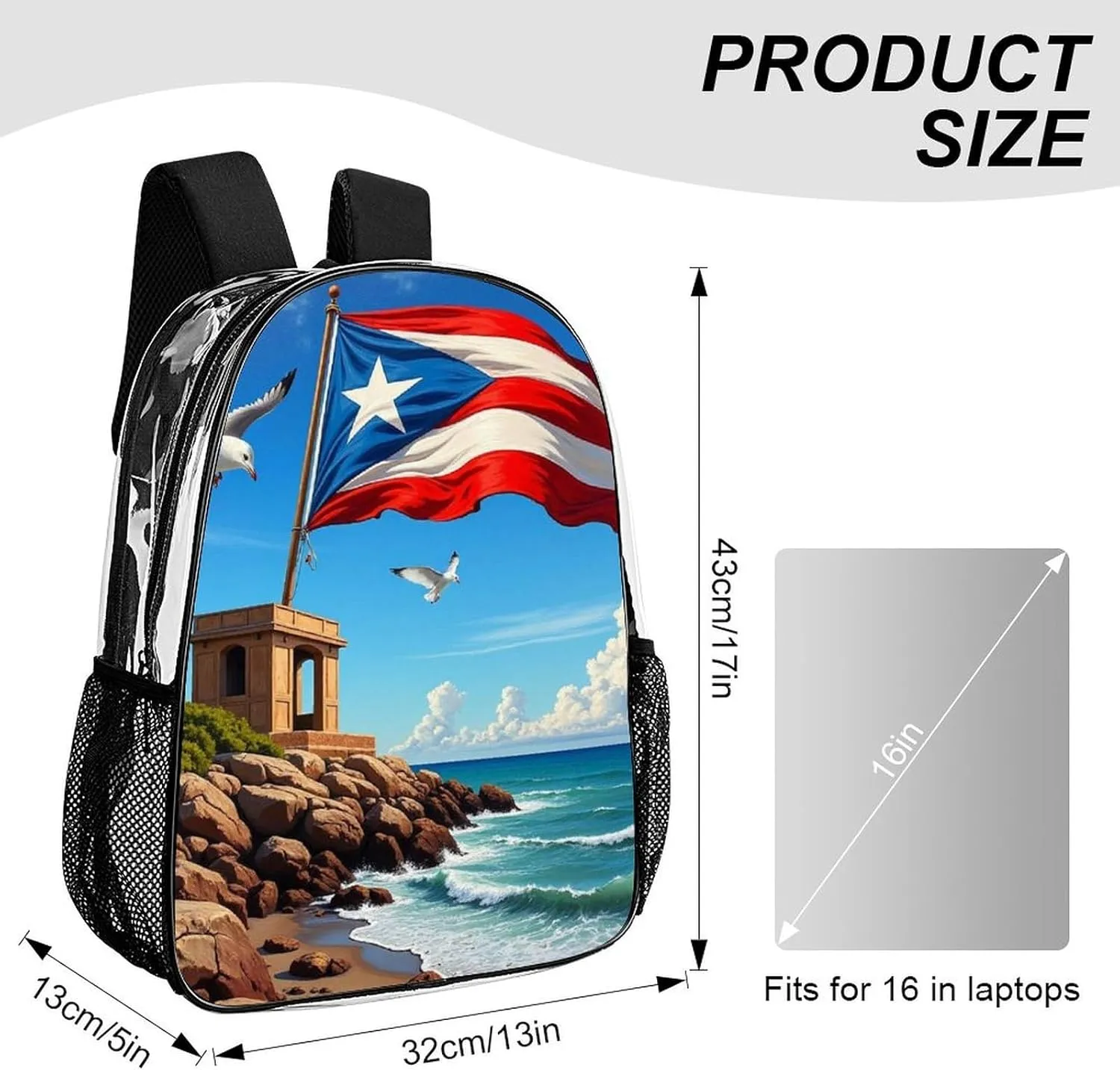 Men Women Transparent Puerto Rico Flag Daypack Big Capacity Shoulder Bag With Adjustable Shoulder Straps for Camping Travel Walking Cycling