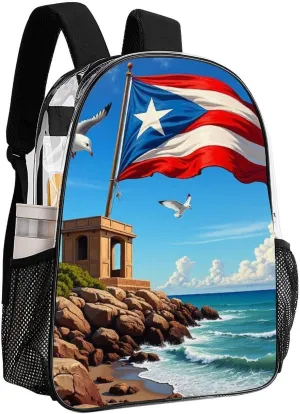 Men Women Transparent Puerto Rico Flag Daypack Big Capacity Shoulder Bag With Adjustable Shoulder Straps for Camping Travel Walking Cycling