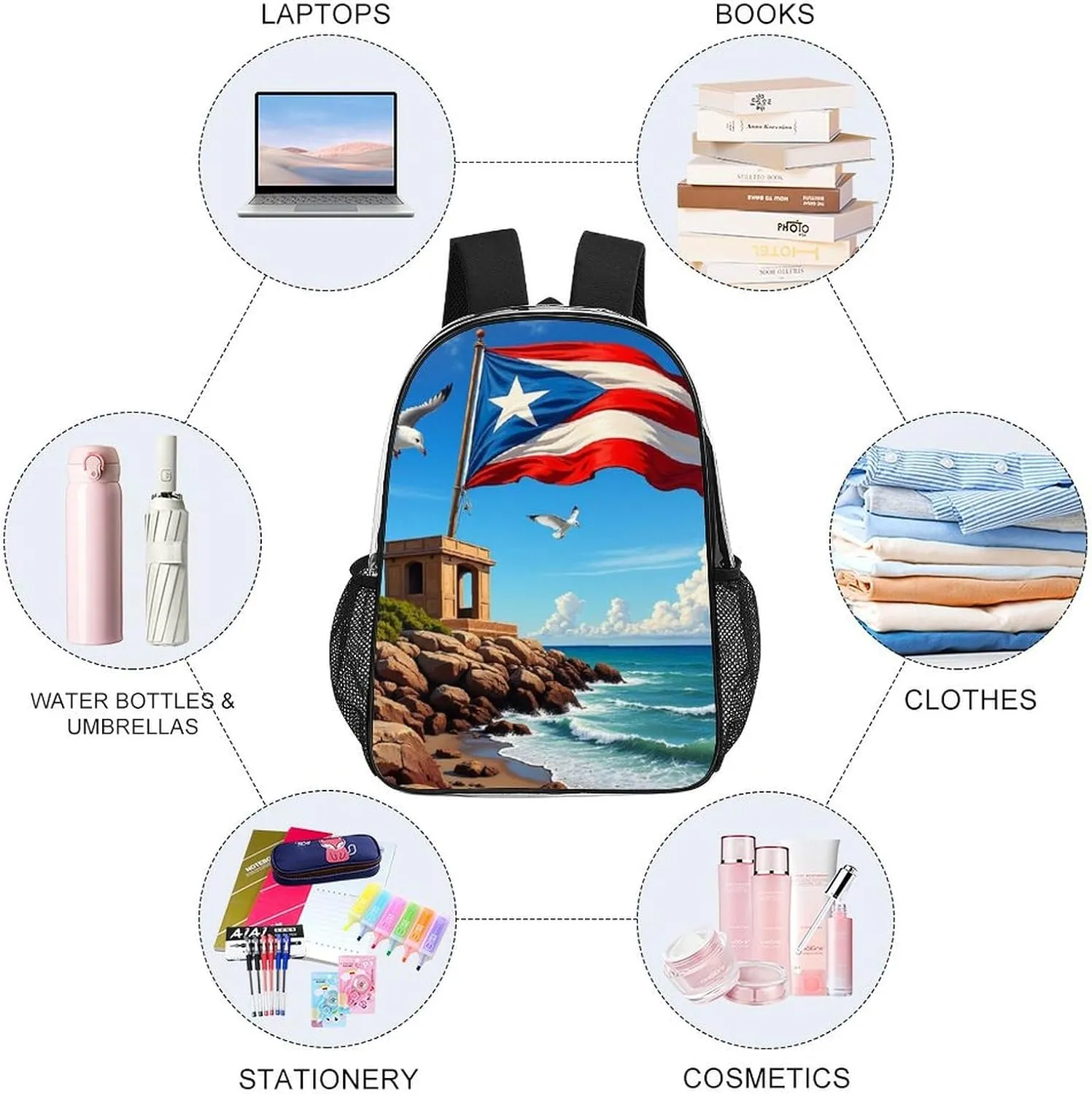 Men Women Transparent Puerto Rico Flag Daypack Big Capacity Shoulder Bag With Adjustable Shoulder Straps for Camping Travel Walking Cycling