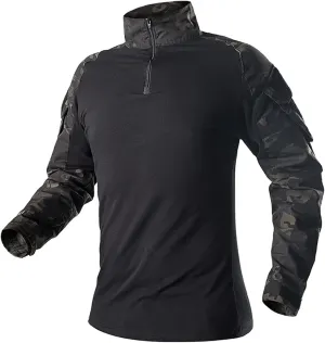 Men's Camo Tactical Combat Shirt, Lightweight Long Sleeve Military BDU Shirts Paintball Airsoft Top with Zipper