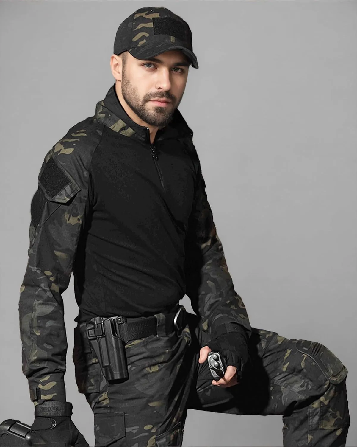 Men's Camo Tactical Combat Shirt, Lightweight Long Sleeve Military BDU Shirts Paintball Airsoft Top with Zipper