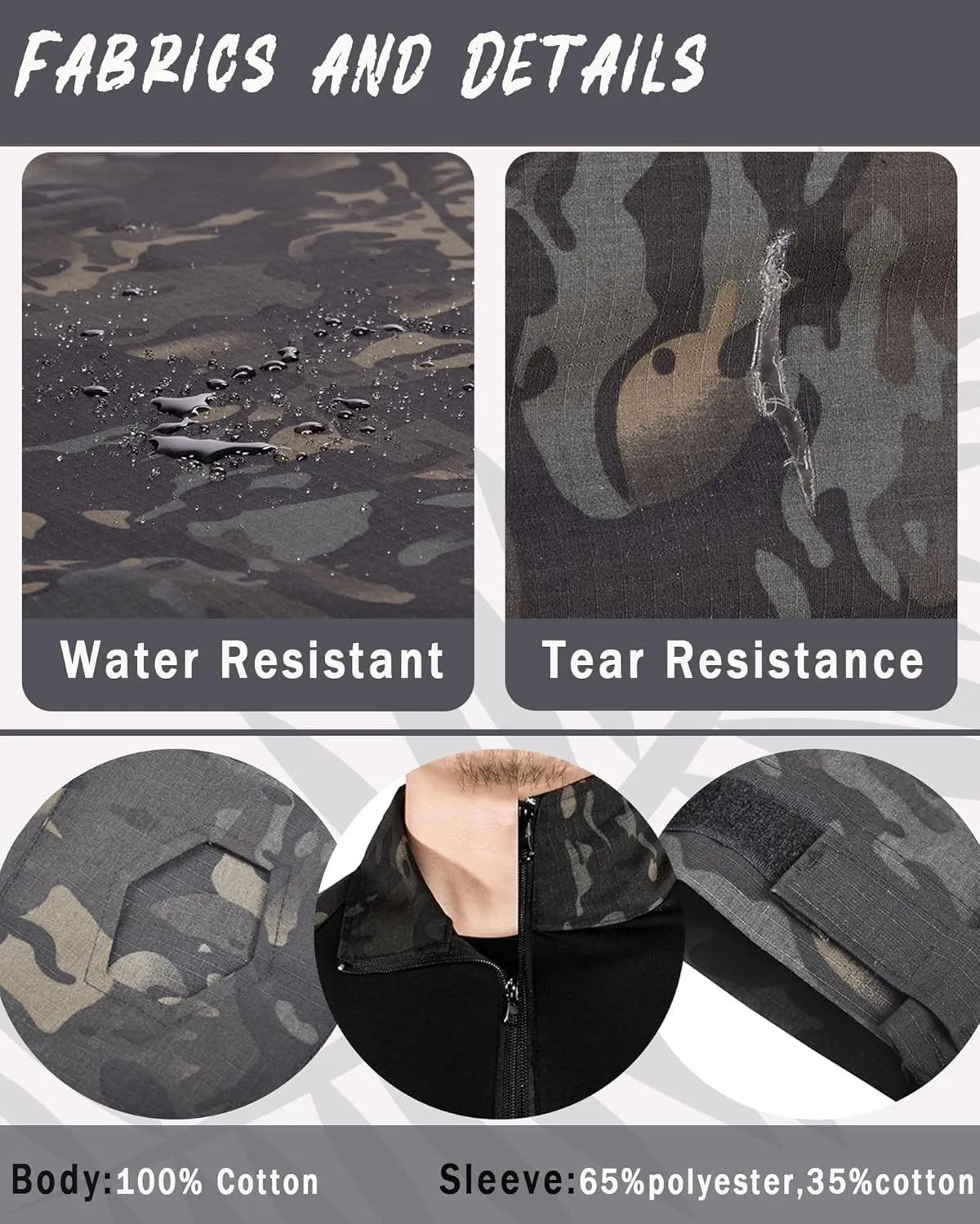 Men's Camo Tactical Combat Shirt, Lightweight Long Sleeve Military BDU Shirts Paintball Airsoft Top with Zipper