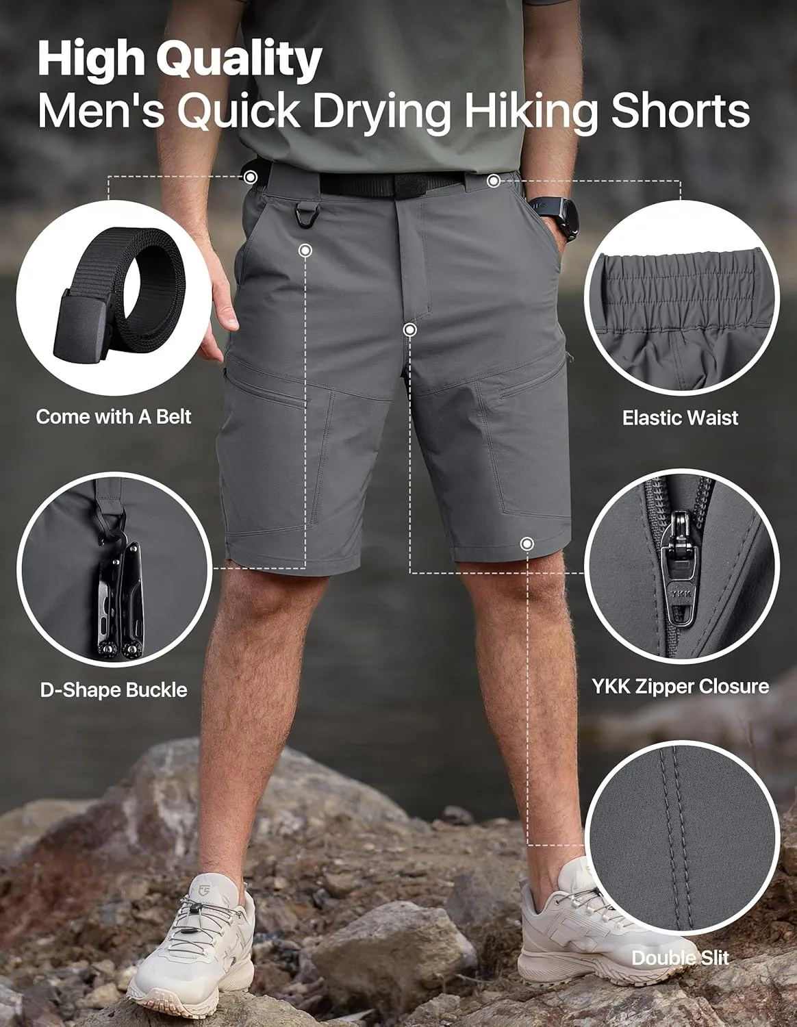 Mens Hiking Shorts Water Resistant Quick Dry Lightweight Breathable Cargo Shorts with Zipper Pockets & Belt