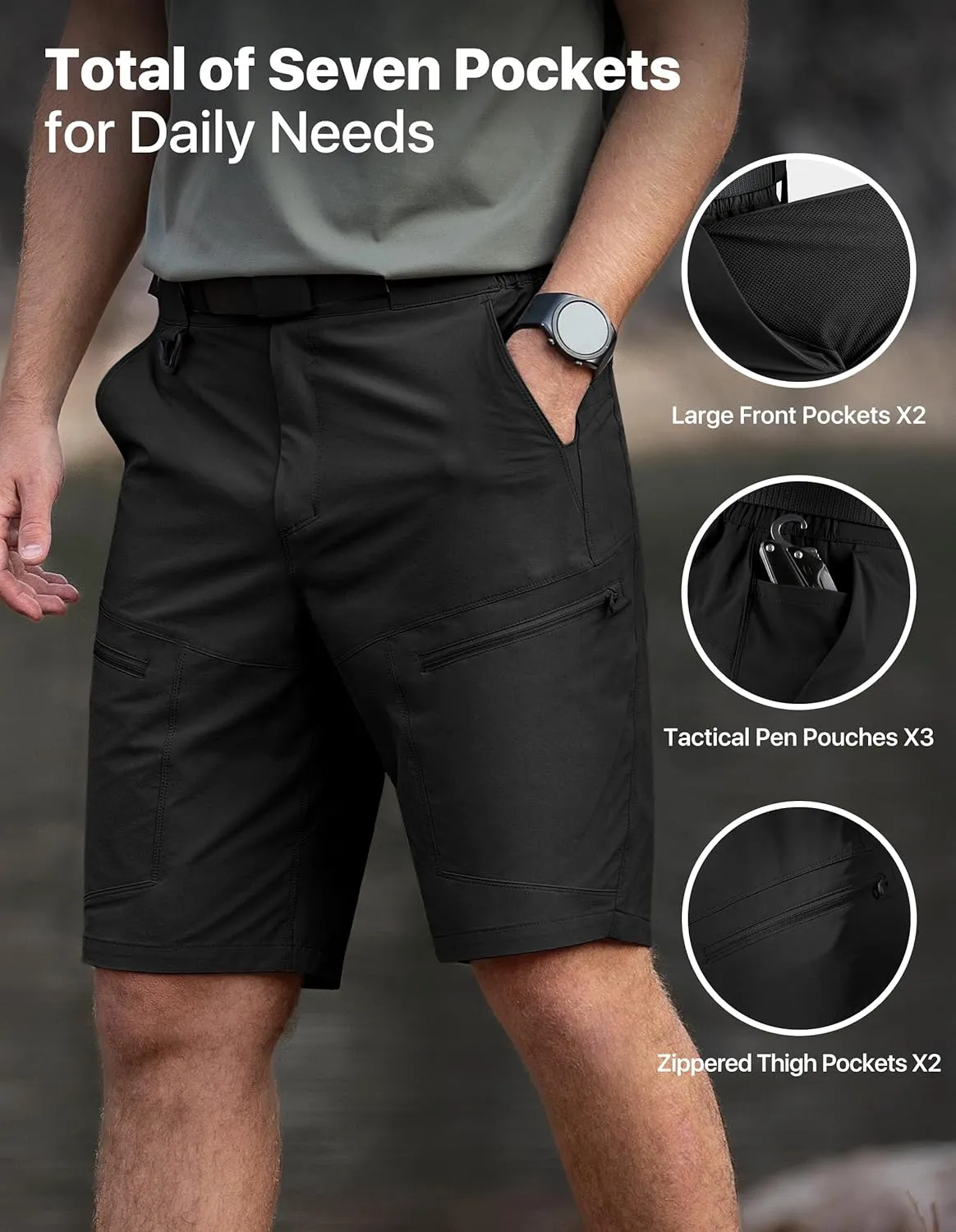 Mens Hiking Shorts Water Resistant Quick Dry Lightweight Breathable Cargo Shorts with Zipper Pockets & Belt