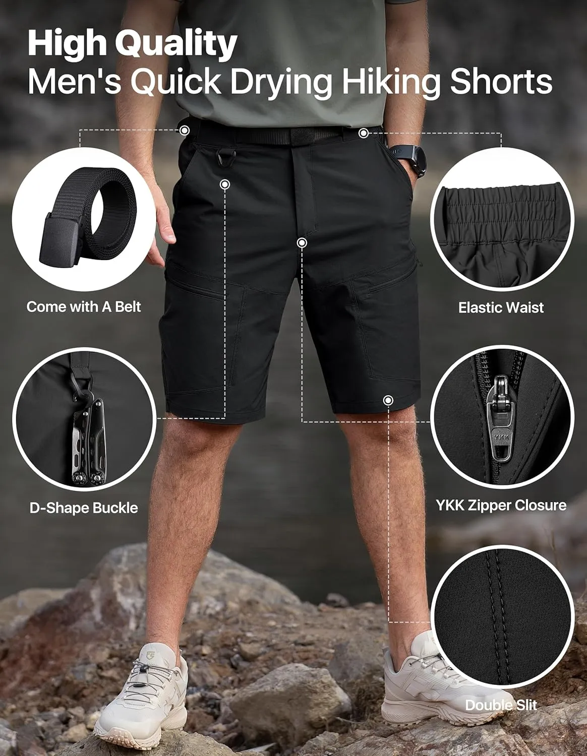 Mens Hiking Shorts Water Resistant Quick Dry Lightweight Breathable Cargo Shorts with Zipper Pockets & Belt
