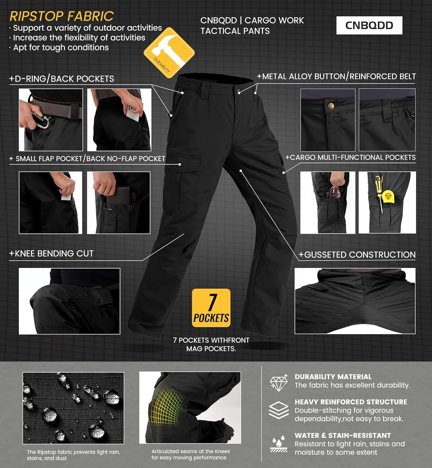 Mens Work Pants Ripstop Waterproof Cargo Pants for Men with 7 Pockets Tactical Hiking Pants