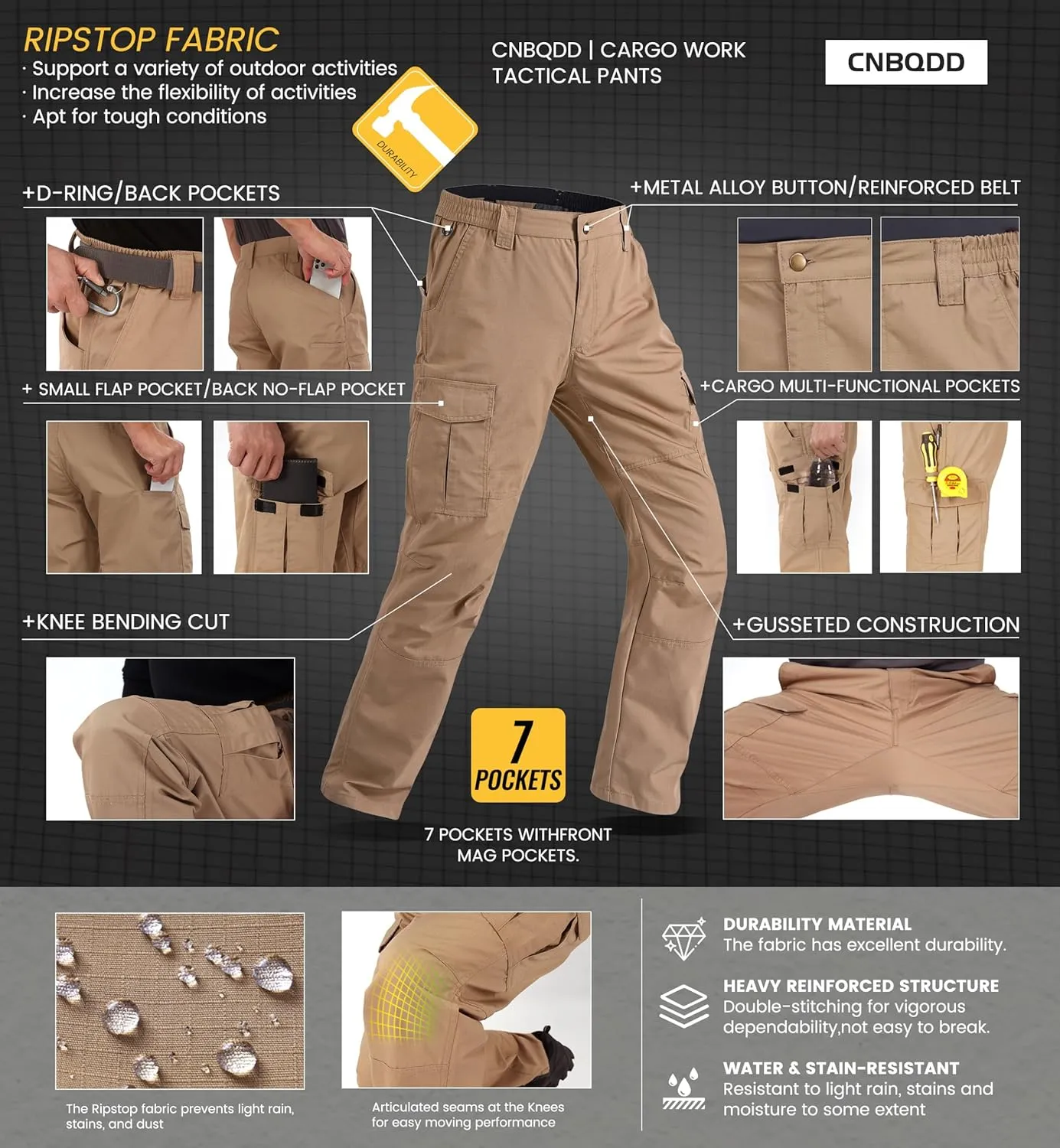 Mens Work Pants Ripstop Waterproof Cargo Pants for Men with 7 Pockets Tactical Hiking Pants