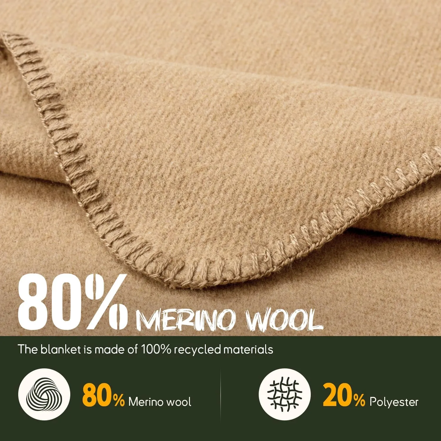 Merino Wool Blend Camping Blanket Ultra Warm, Moisture Wicking, Portable Outdoor Blanket for Camping, RV Trips, Adventures, Picnic, Bushcraft Survival Kits, Large 86"x62"