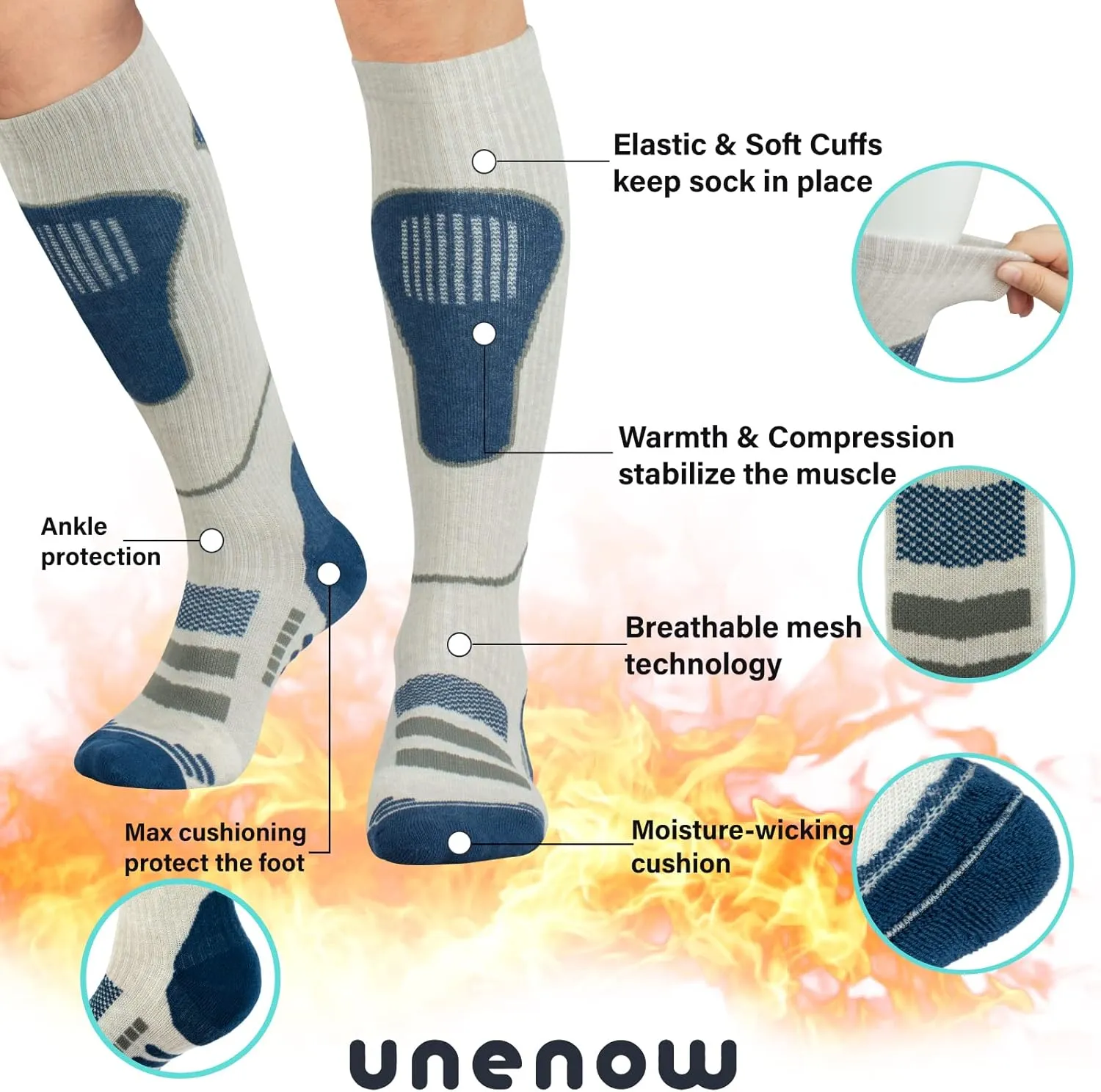 Merino Wool Ski Socks 2 Pairs, Thermal Knee High Warm Socks for Snowboarding, Hiking, Cold Weather, Snow, Hunting