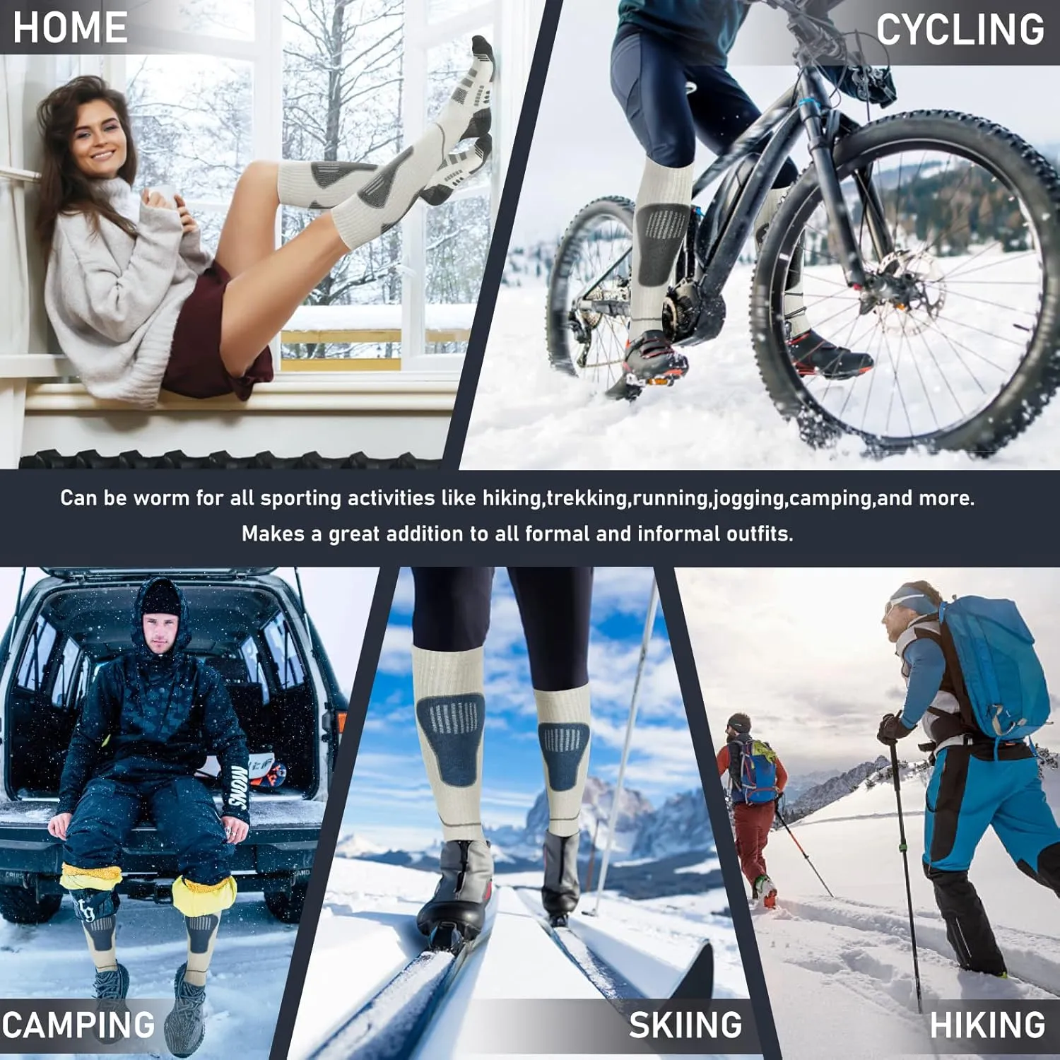 Merino Wool Ski Socks 2 Pairs, Thermal Knee High Warm Socks for Snowboarding, Hiking, Cold Weather, Snow, Hunting